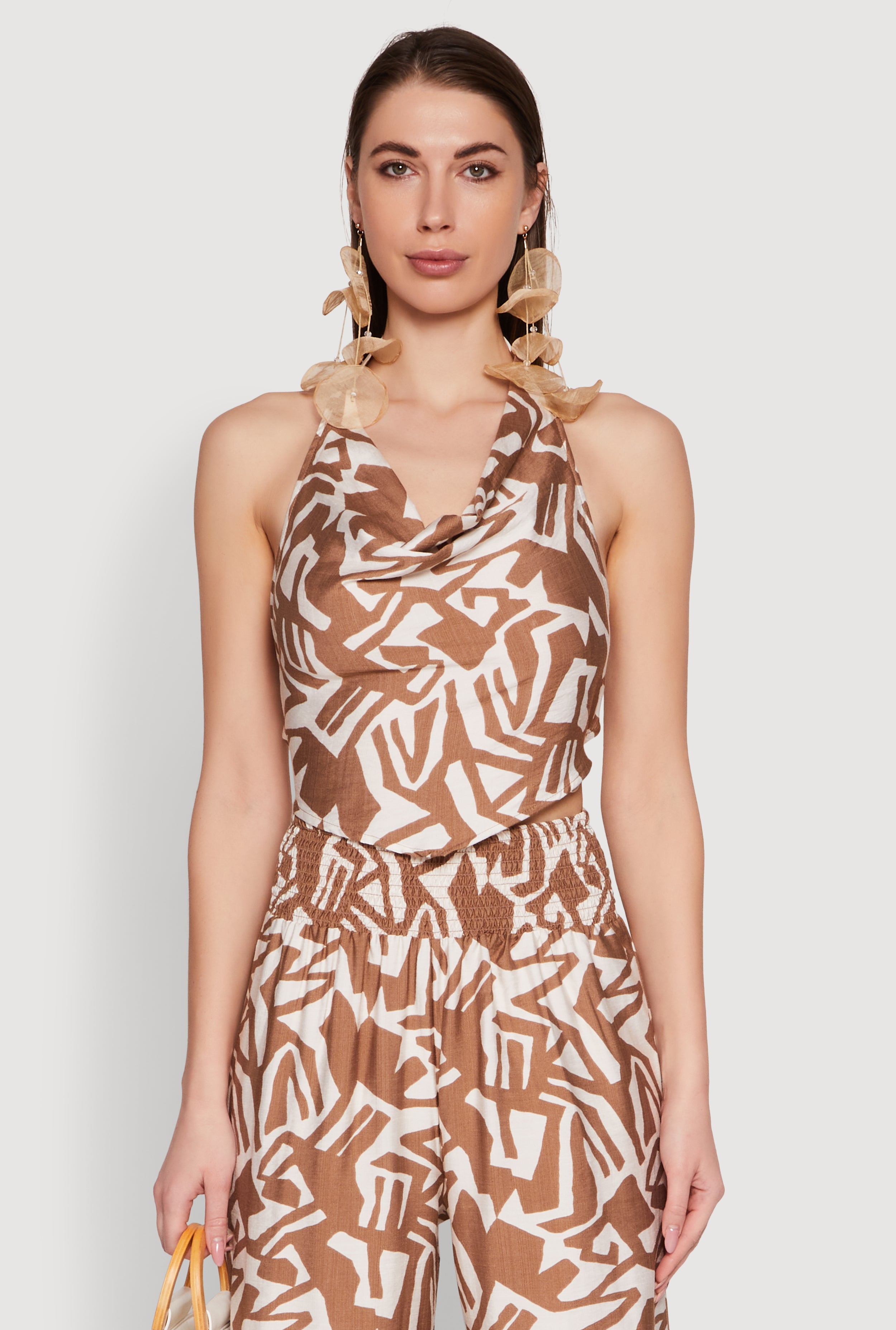 Iris Printed Pattern Cowl Neck Crop Top