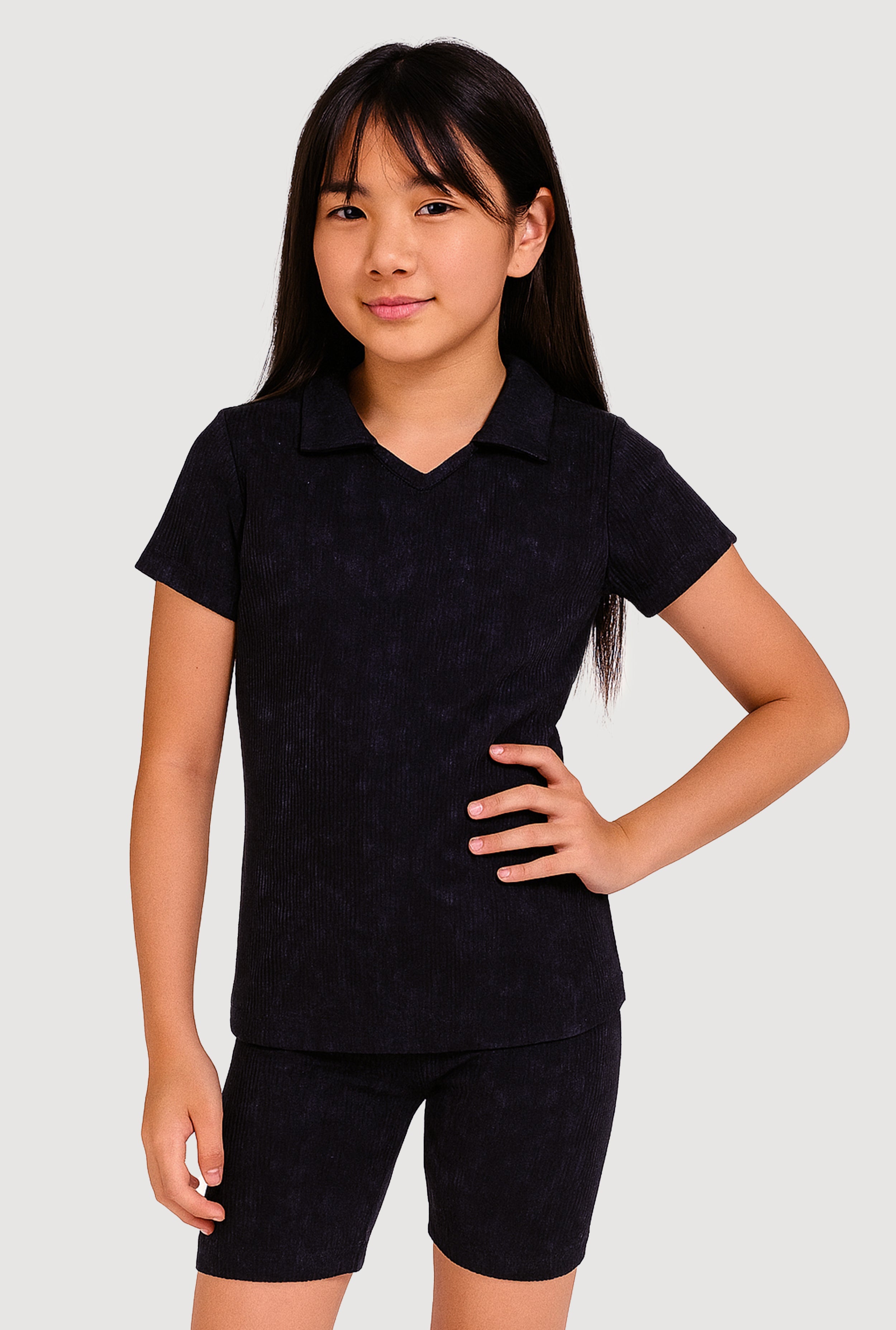 Girls Trendy Seamless Rib Knit Mineral Wash Polo Shirt and Shorts