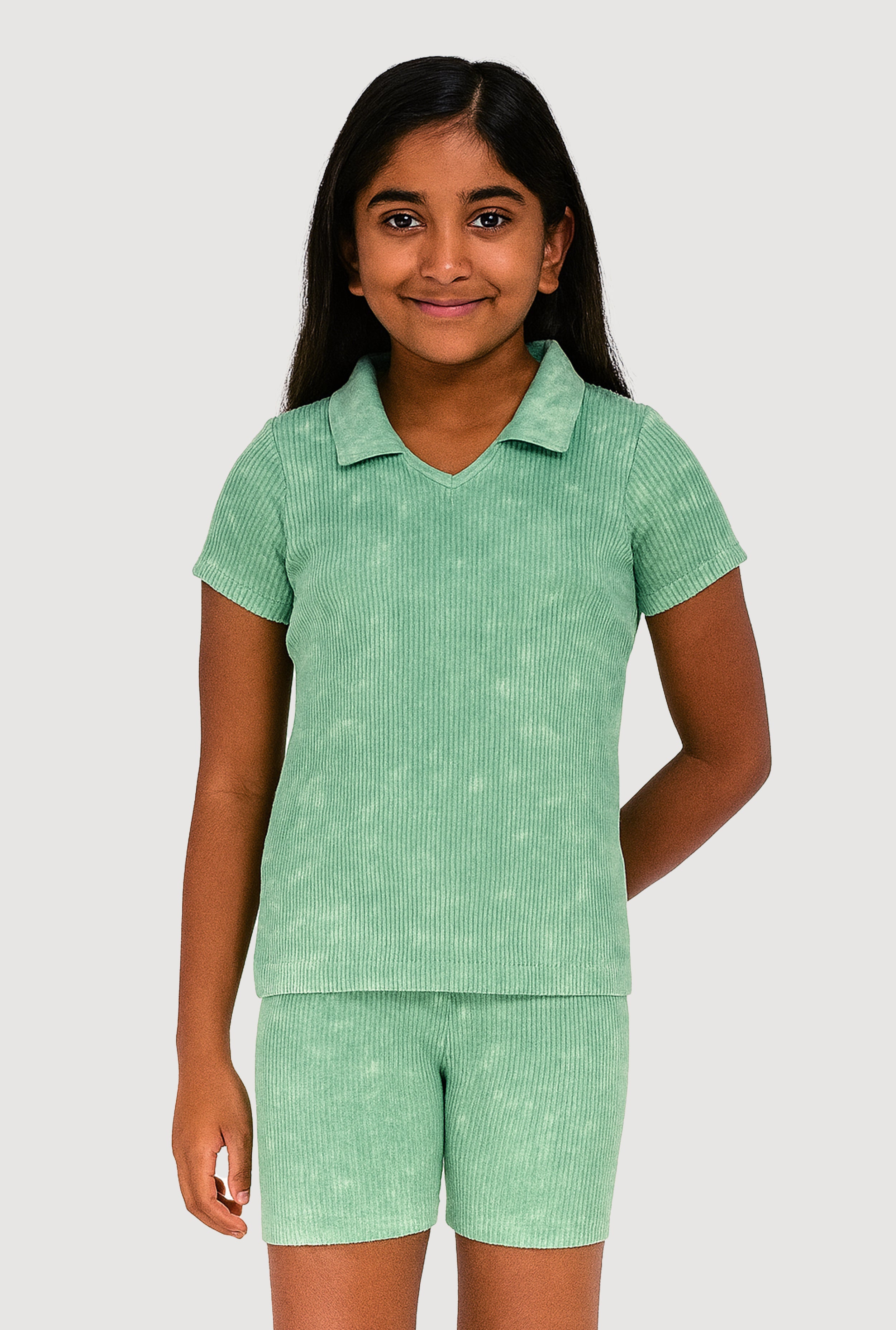 Girls Trendy Seamless Rib Knit Mineral Wash Polo Shirt and Shorts