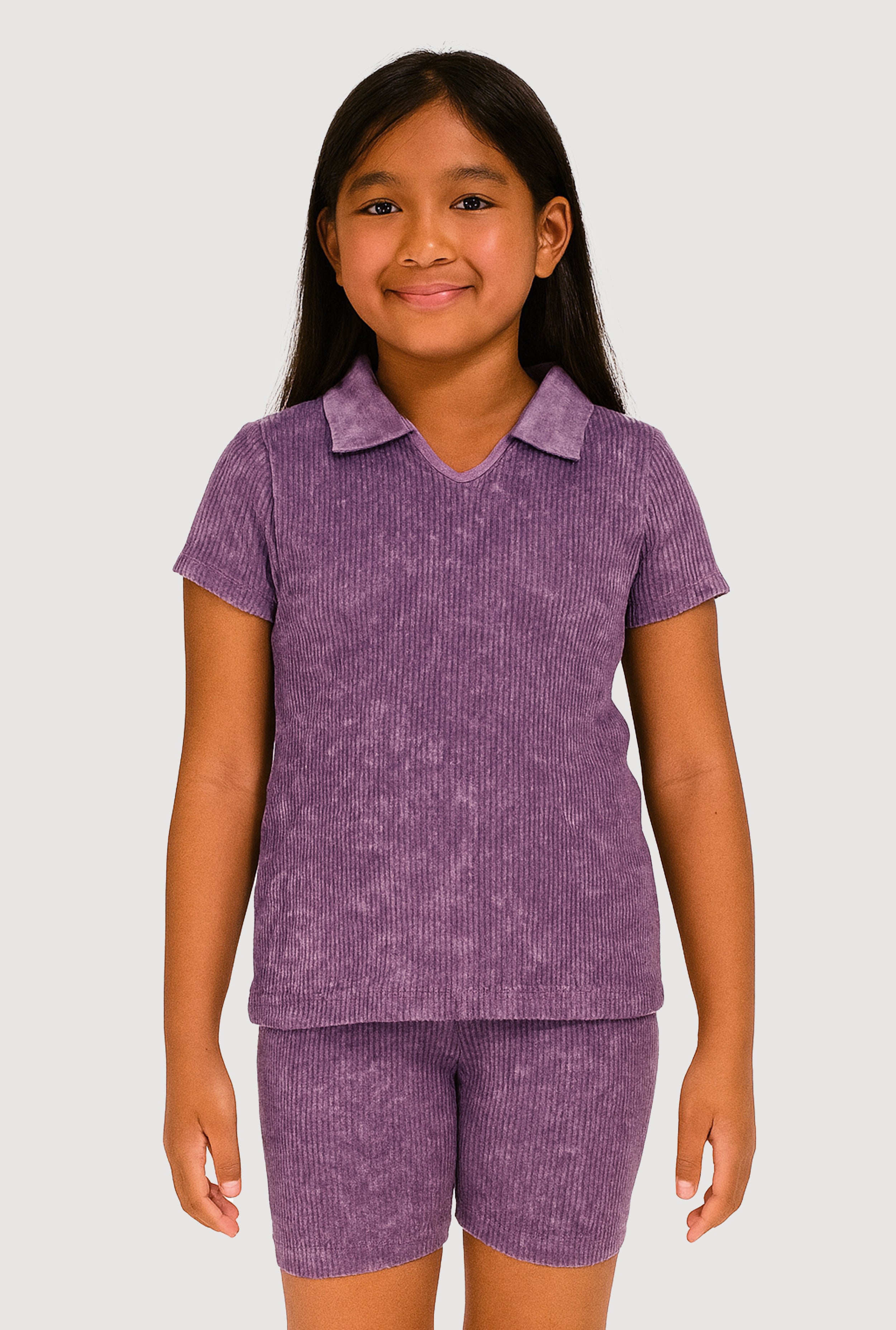 Girls Trendy Seamless Rib Knit Mineral Wash Polo Shirt and Shorts