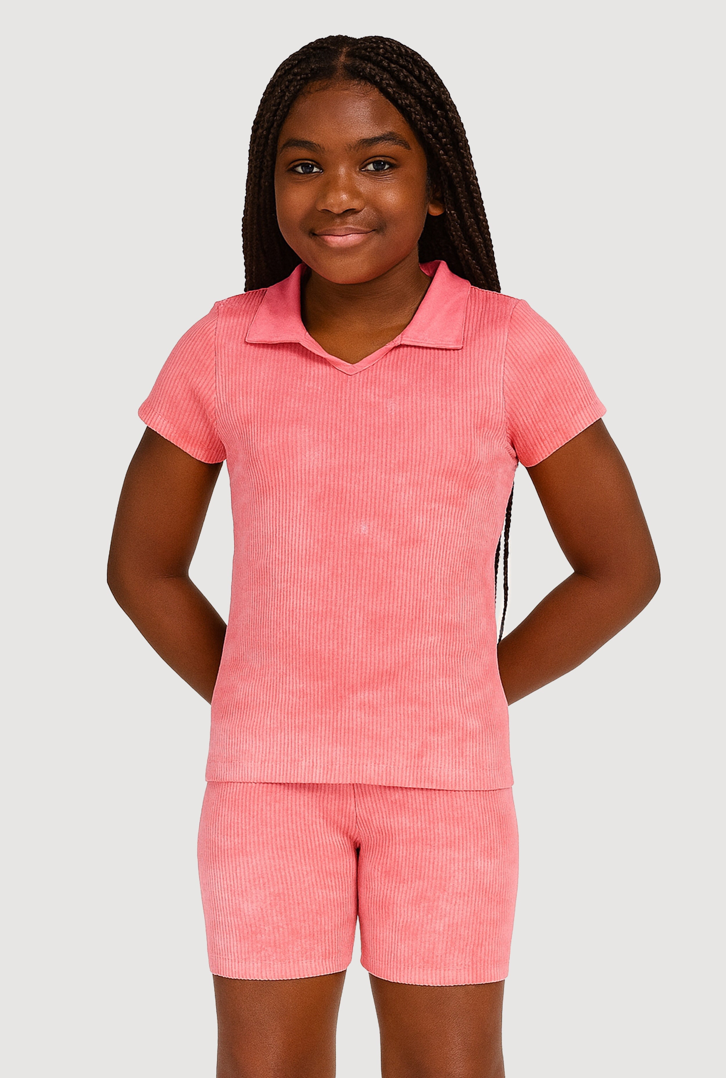 Girls Trendy Seamless Rib Knit Mineral Wash Polo Shirt and Shorts