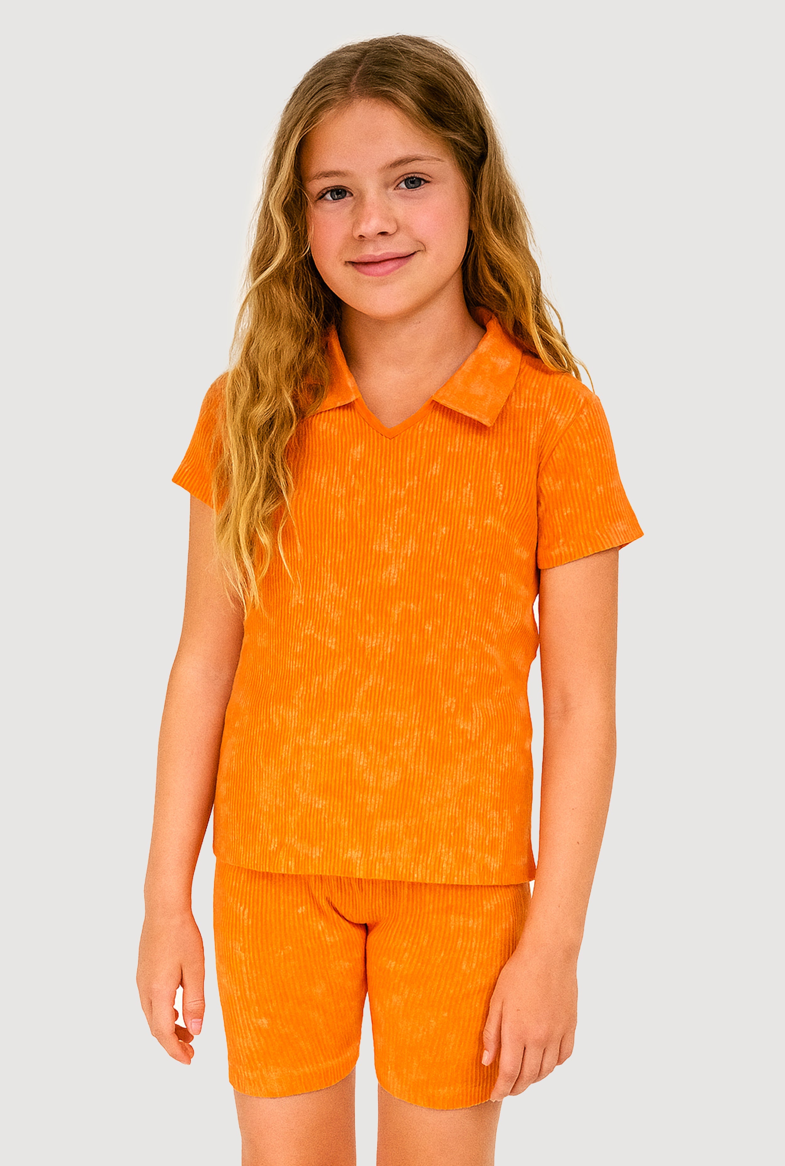 Girls Trendy Seamless Rib Knit Mineral Wash Polo Shirt and Shorts