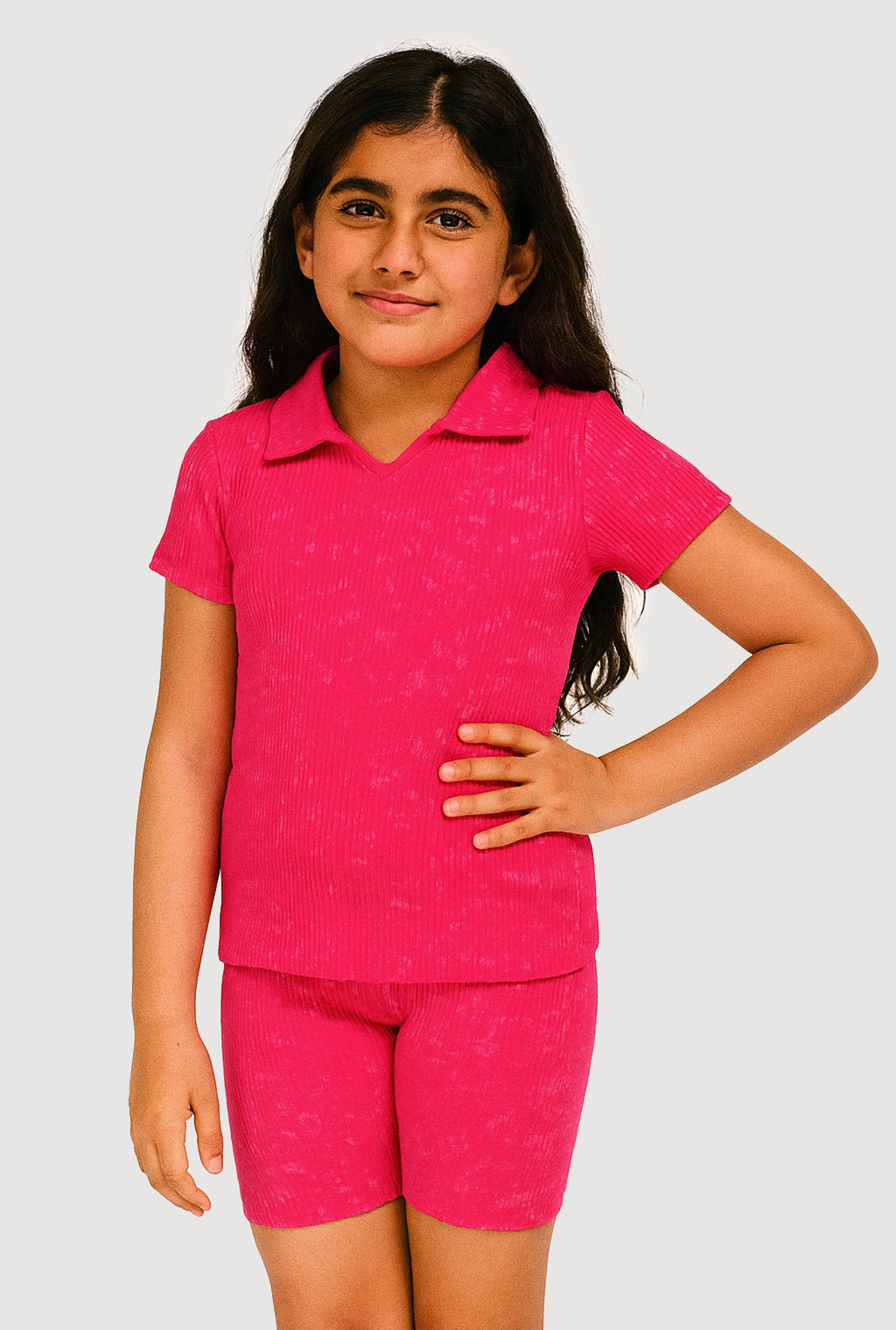 Girls Trendy Seamless Rib Knit Mineral Wash Polo Shirt and Shorts