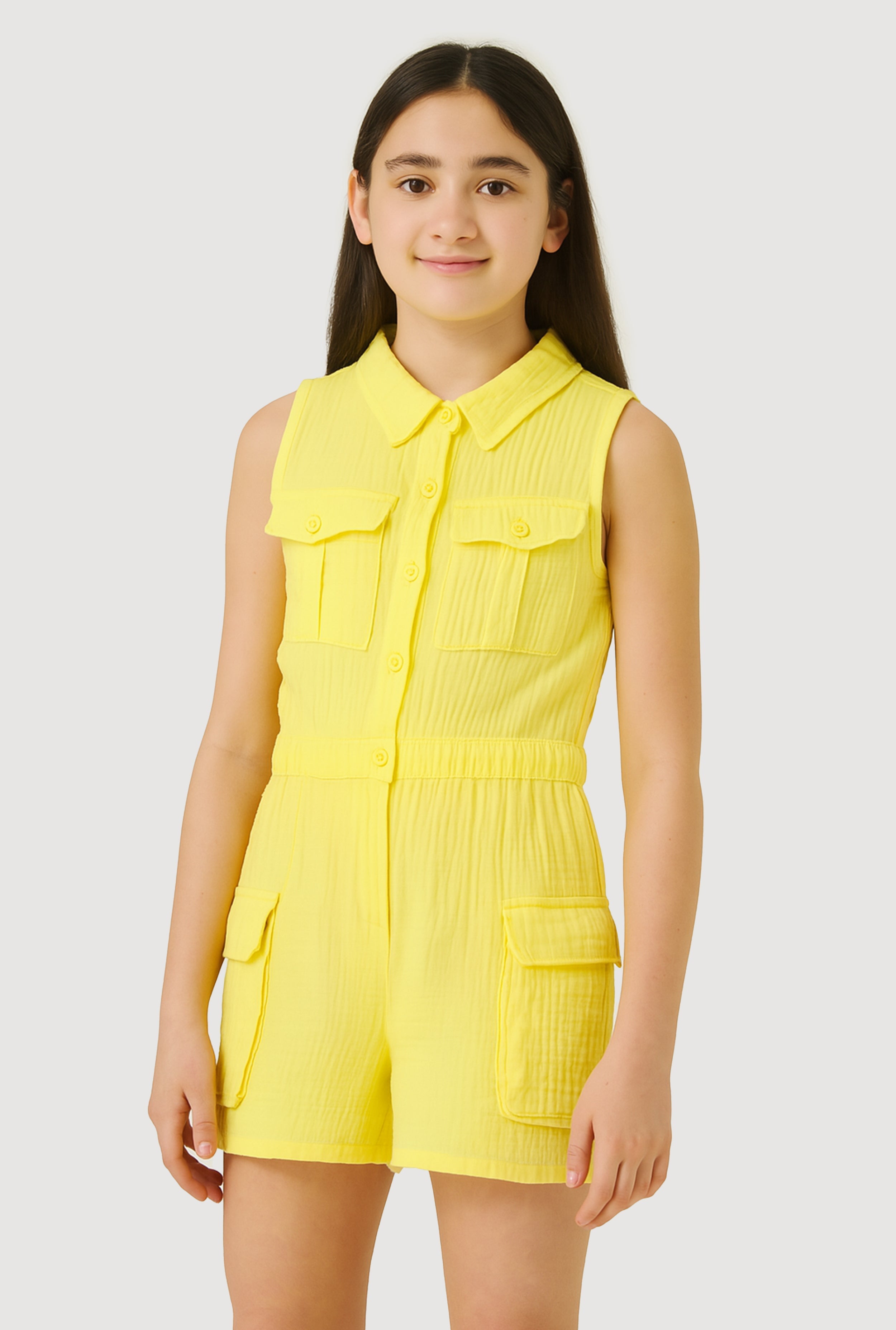 Girls Gauze Knit Sleeveless Utility Romper