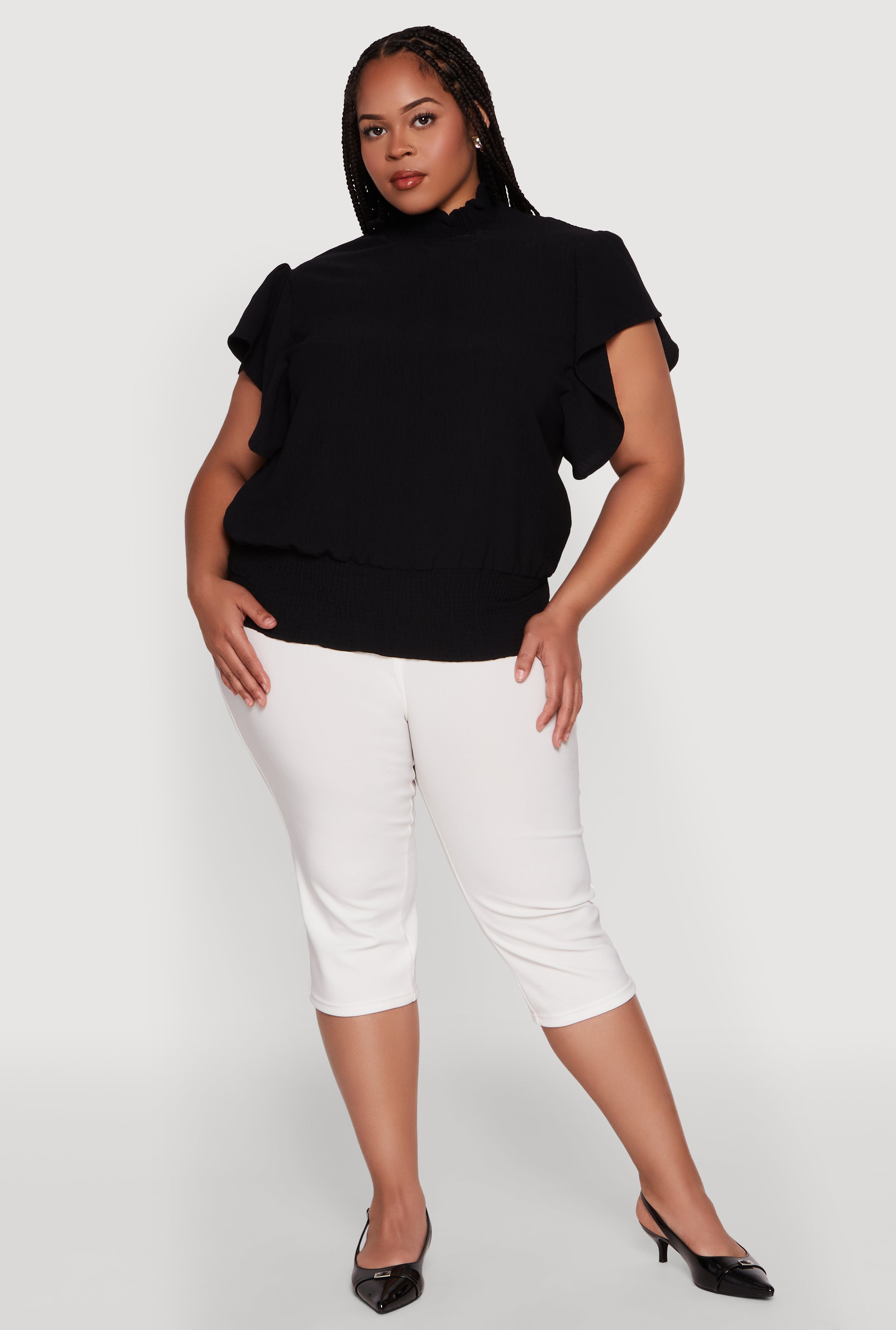 Plus Size Chic Crepe Knit Flutter Sleeves Mock Neck Blouse