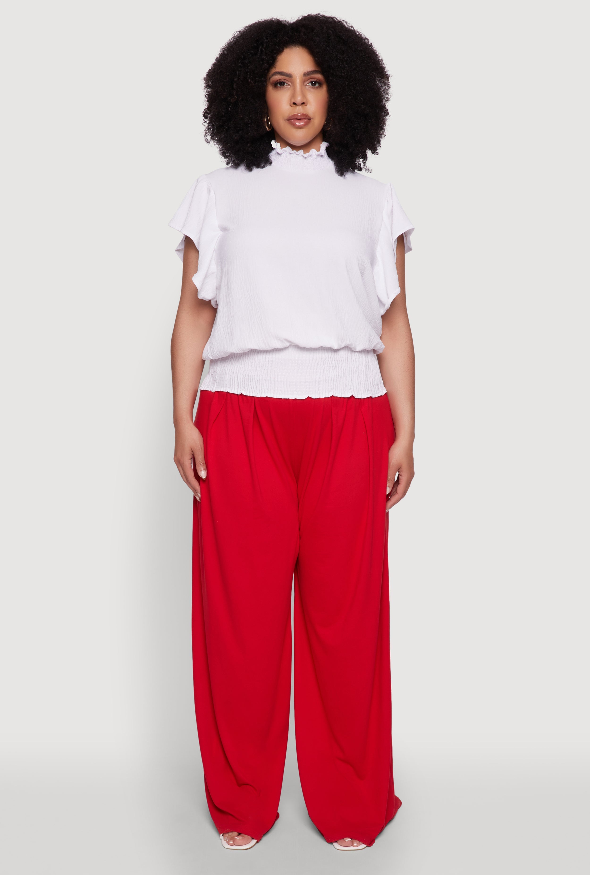Plus Size Chic Crepe Knit Flutter Sleeves Mock Neck Blouse