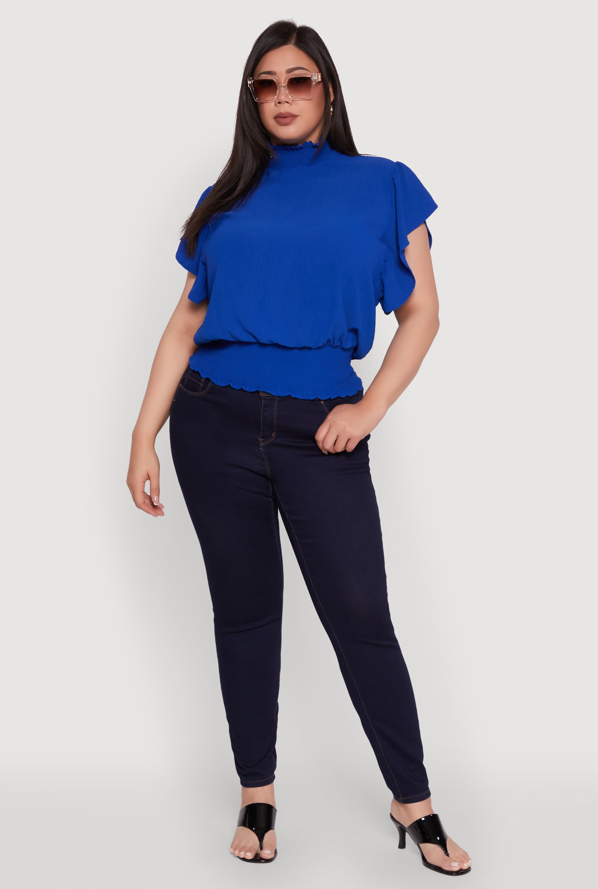 Plus Size Chic Crepe Knit Flutter Sleeves Mock Neck Blouse