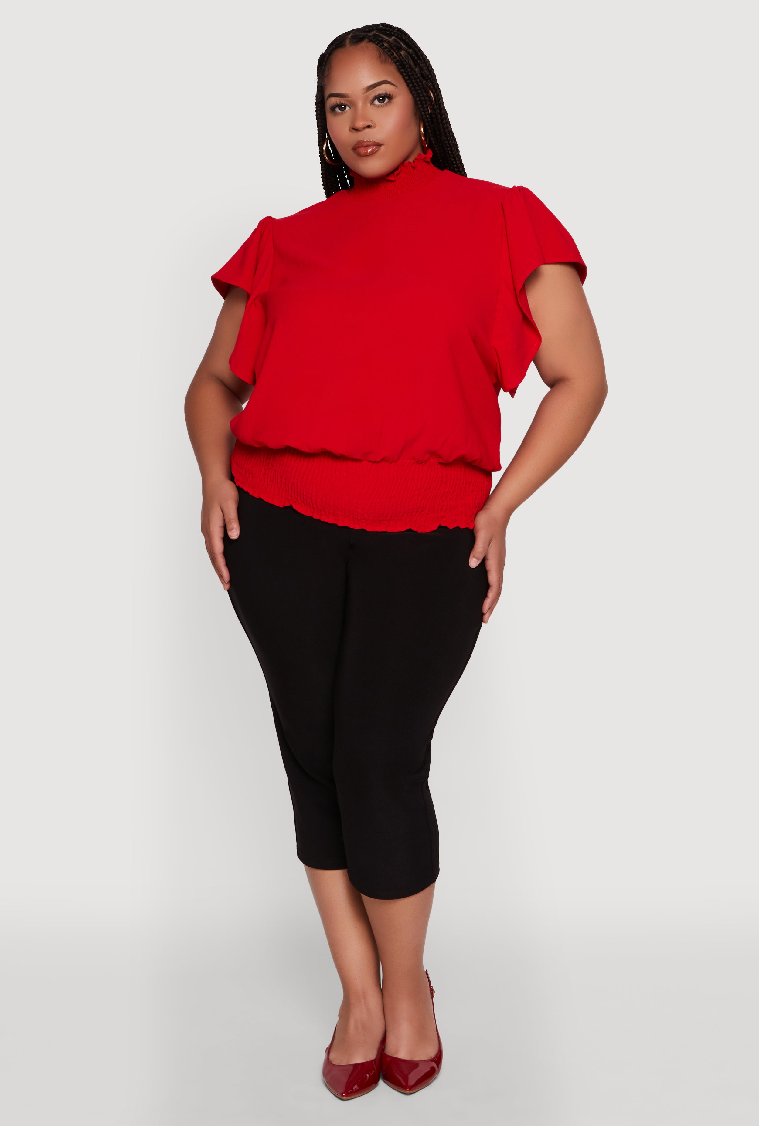 Plus Size Chic Crepe Knit Flutter Sleeves Mock Neck Blouse