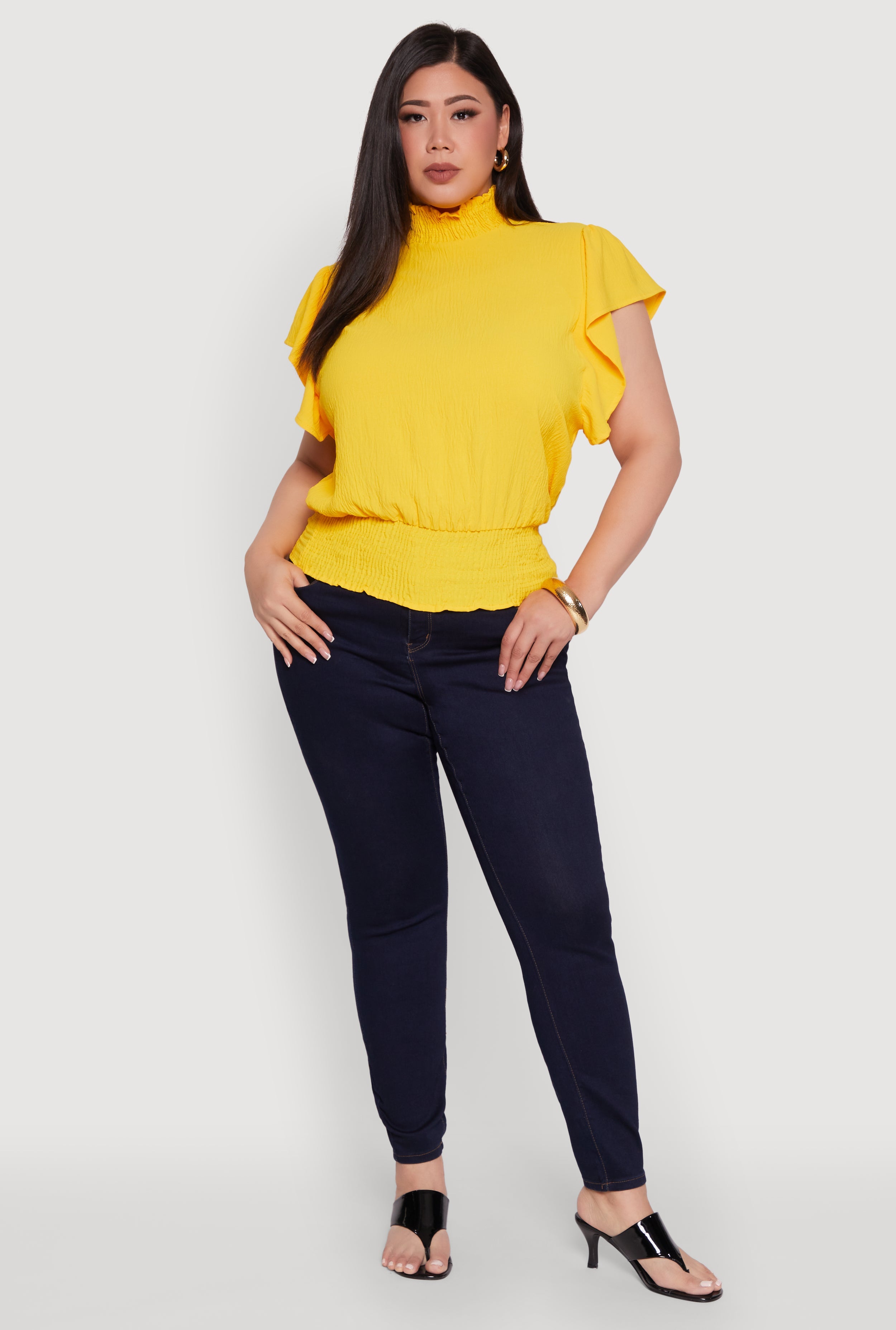 Plus Size Chic Crepe Knit Flutter Sleeves Mock Neck Blouse
