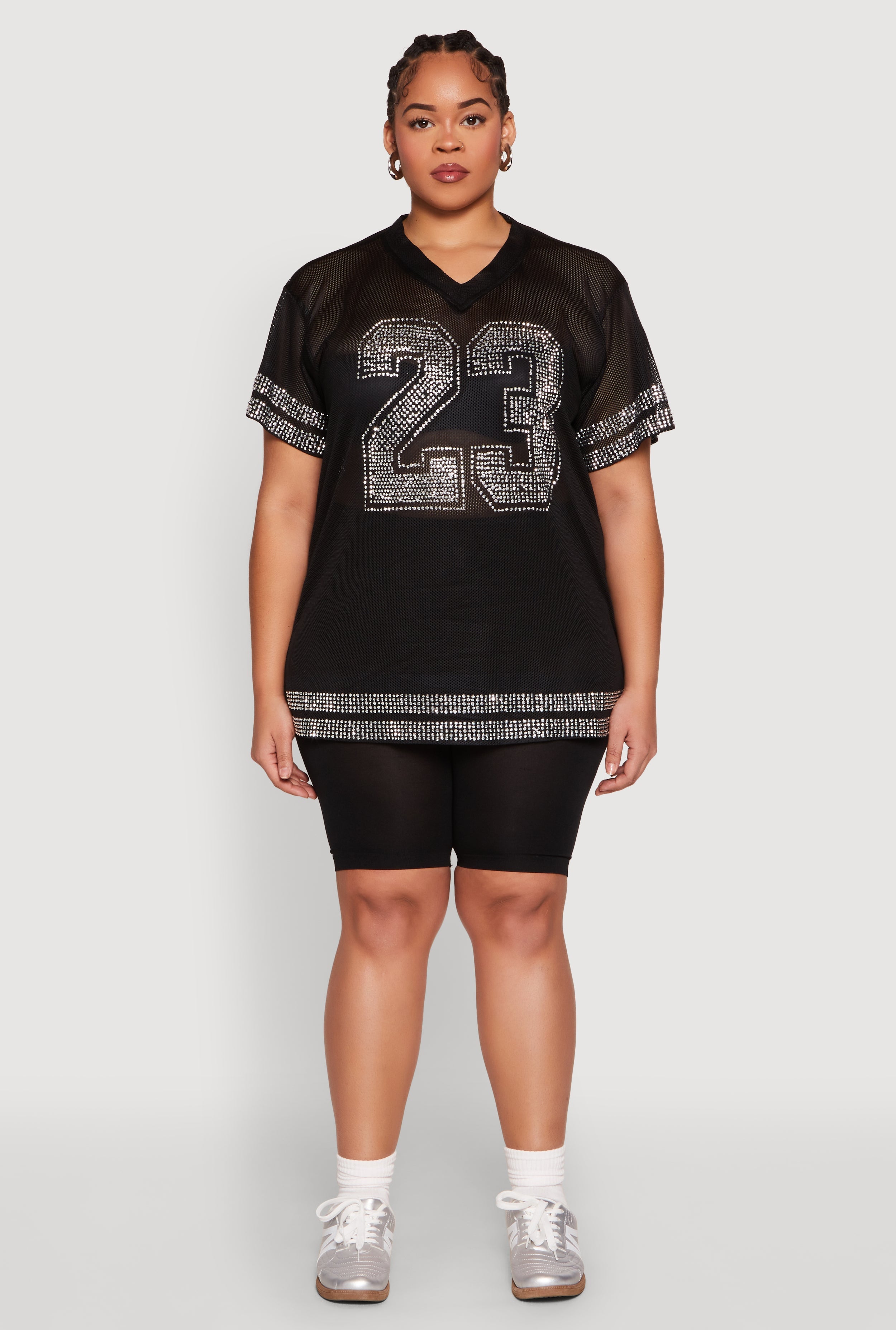 Plus Size Rhinestone Varsity Stripe Mesh Jersey