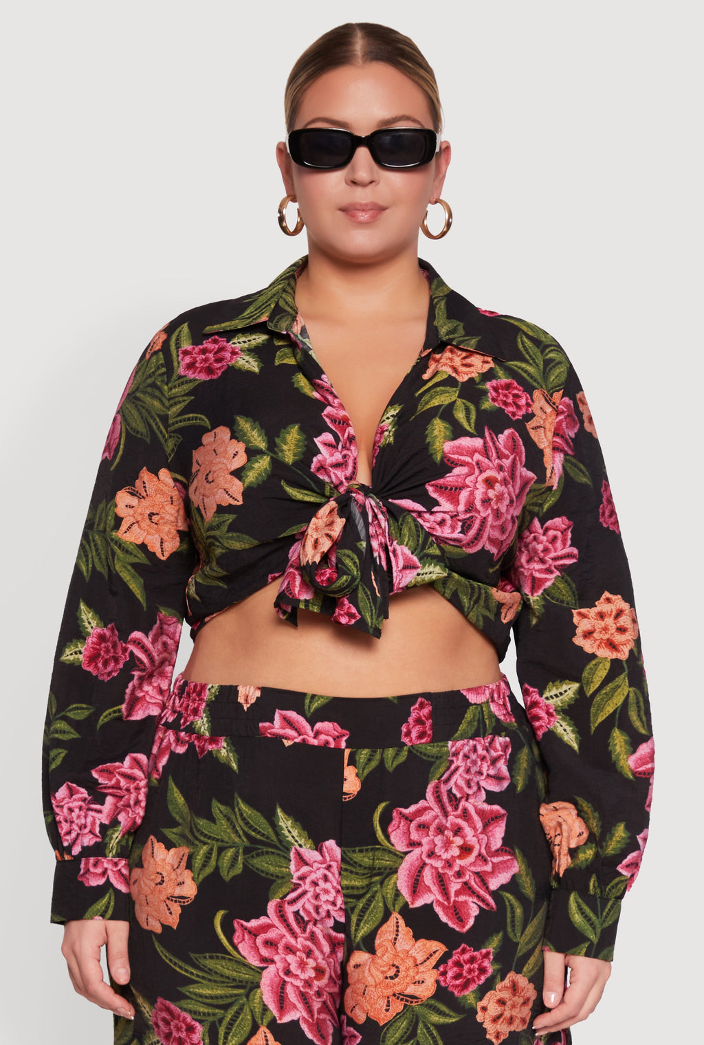 Plus Size Floral Long Sleeve Tie Front Crop Top