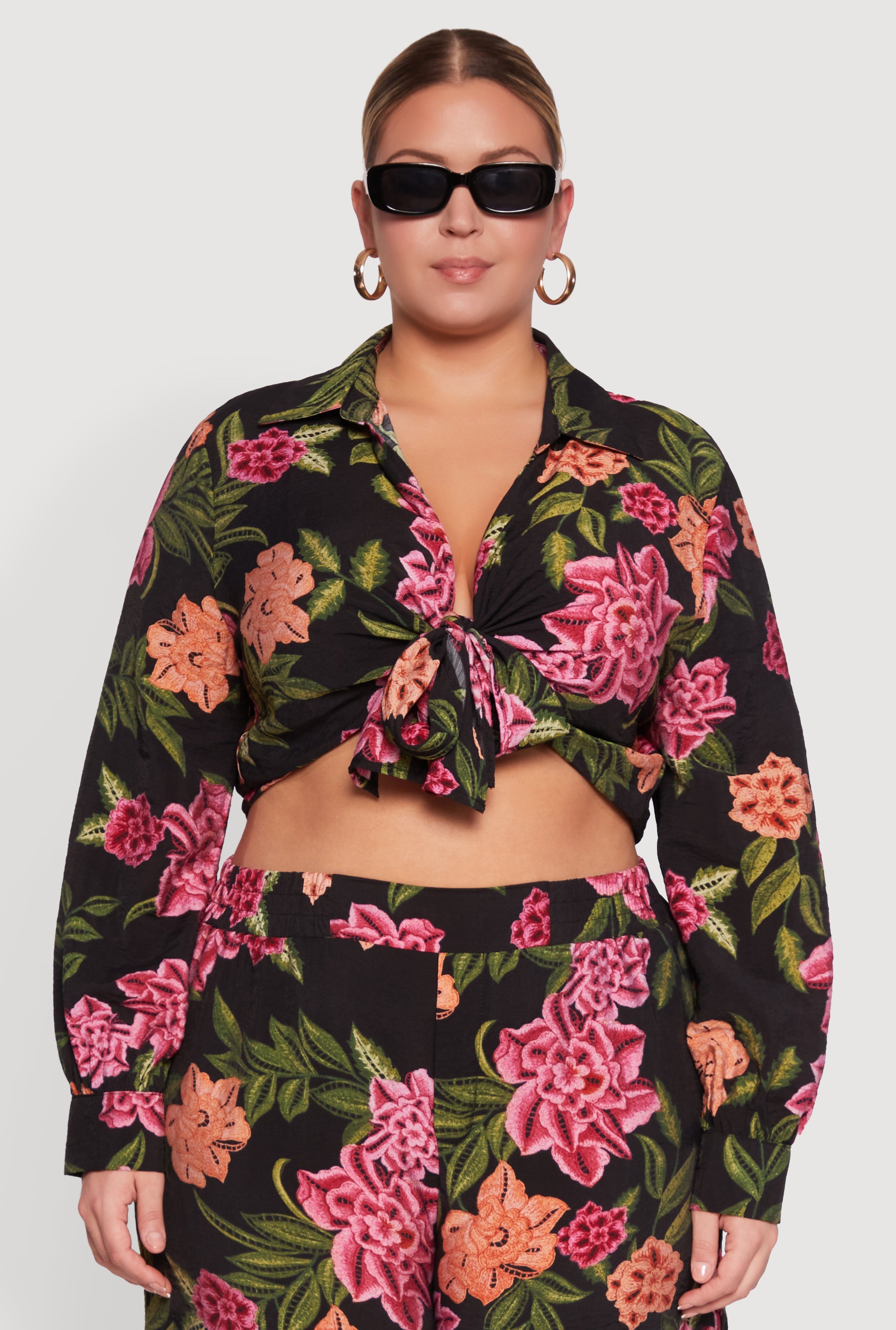 Plus Size Floral Long Sleeve Tie Front Crop Top