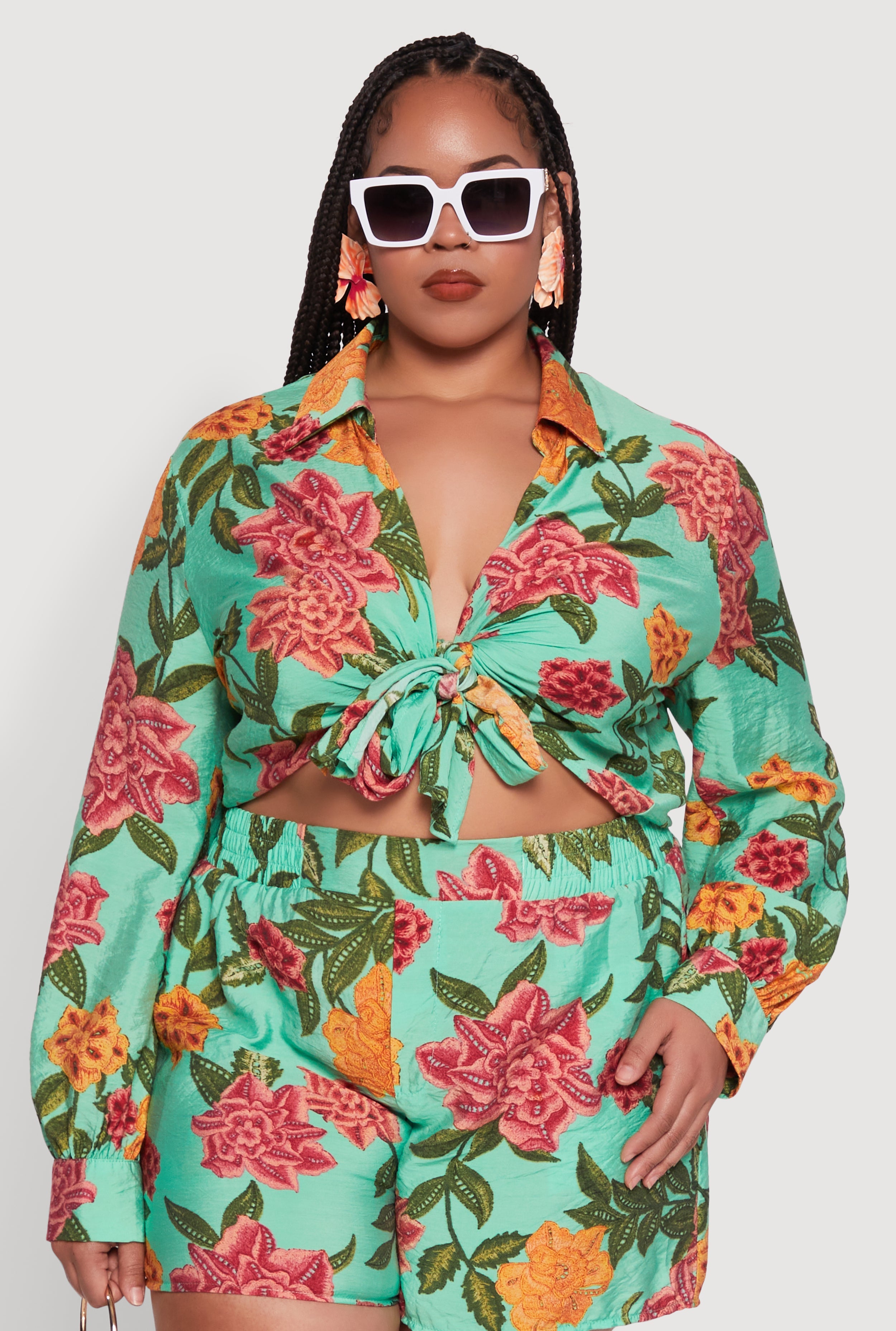 Plus Size Floral Long Sleeve Tie Front Crop Top