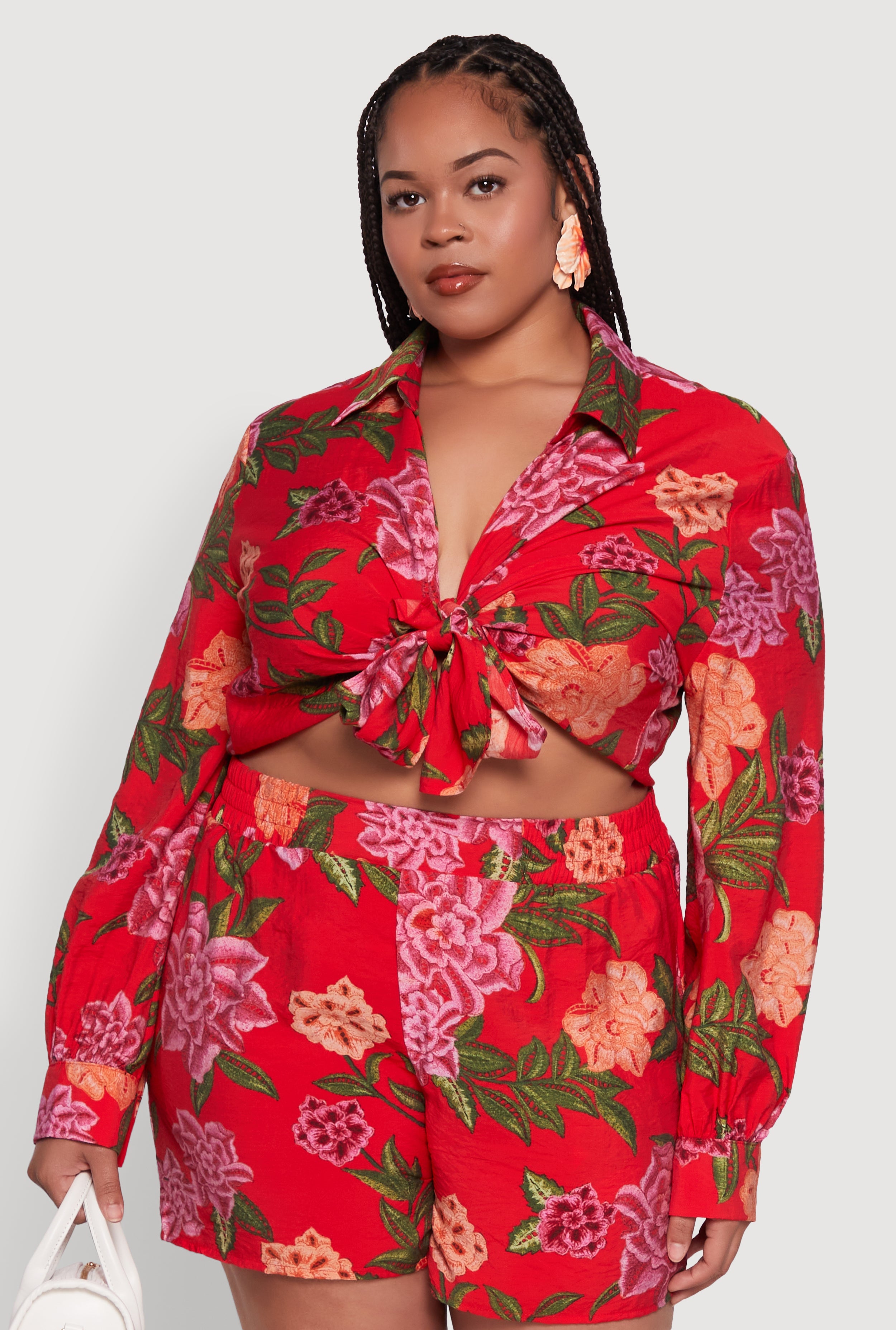 Plus Size Floral Long Sleeve Tie Front Crop Top