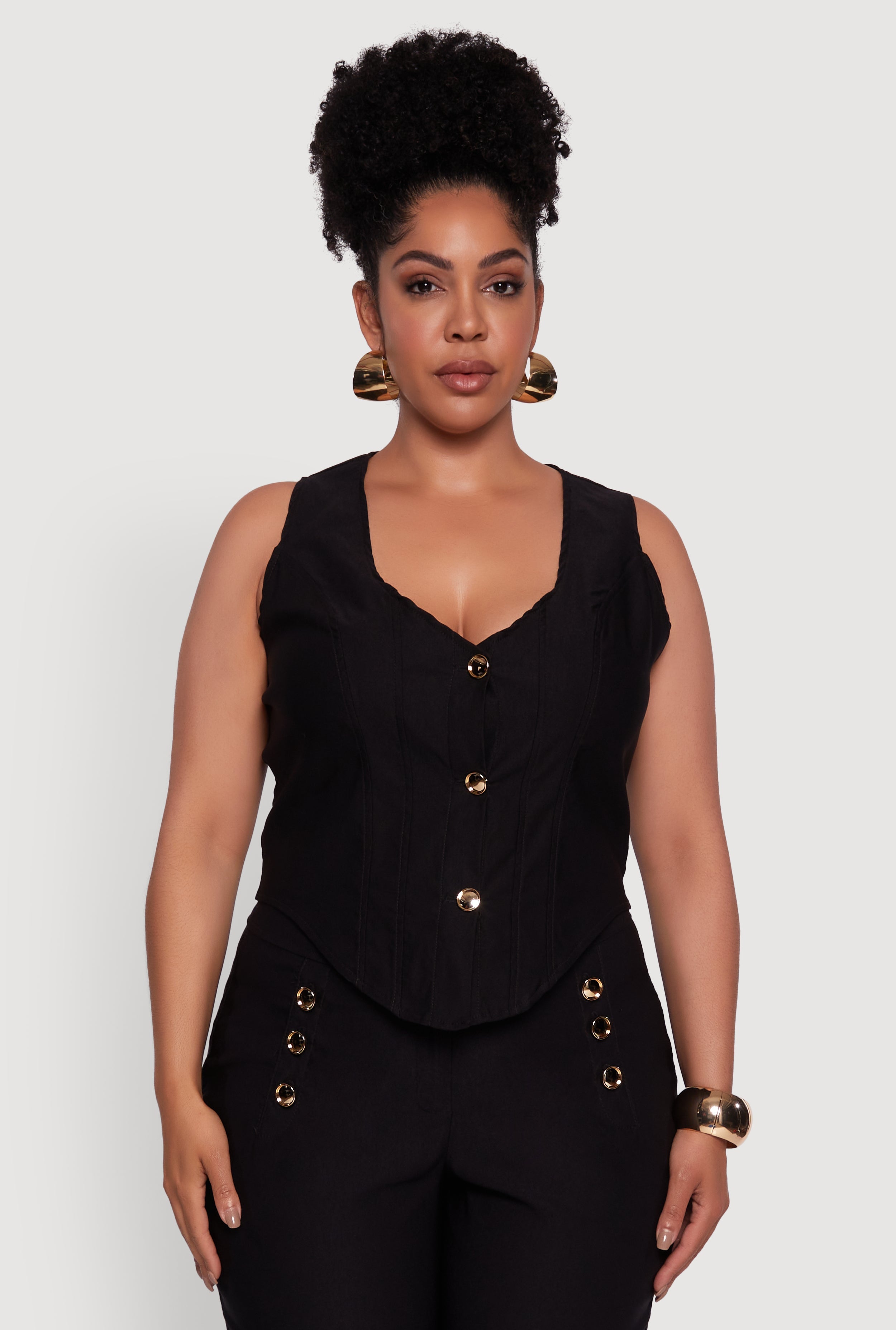 Plus Size Stretch Solid Button Front Vest