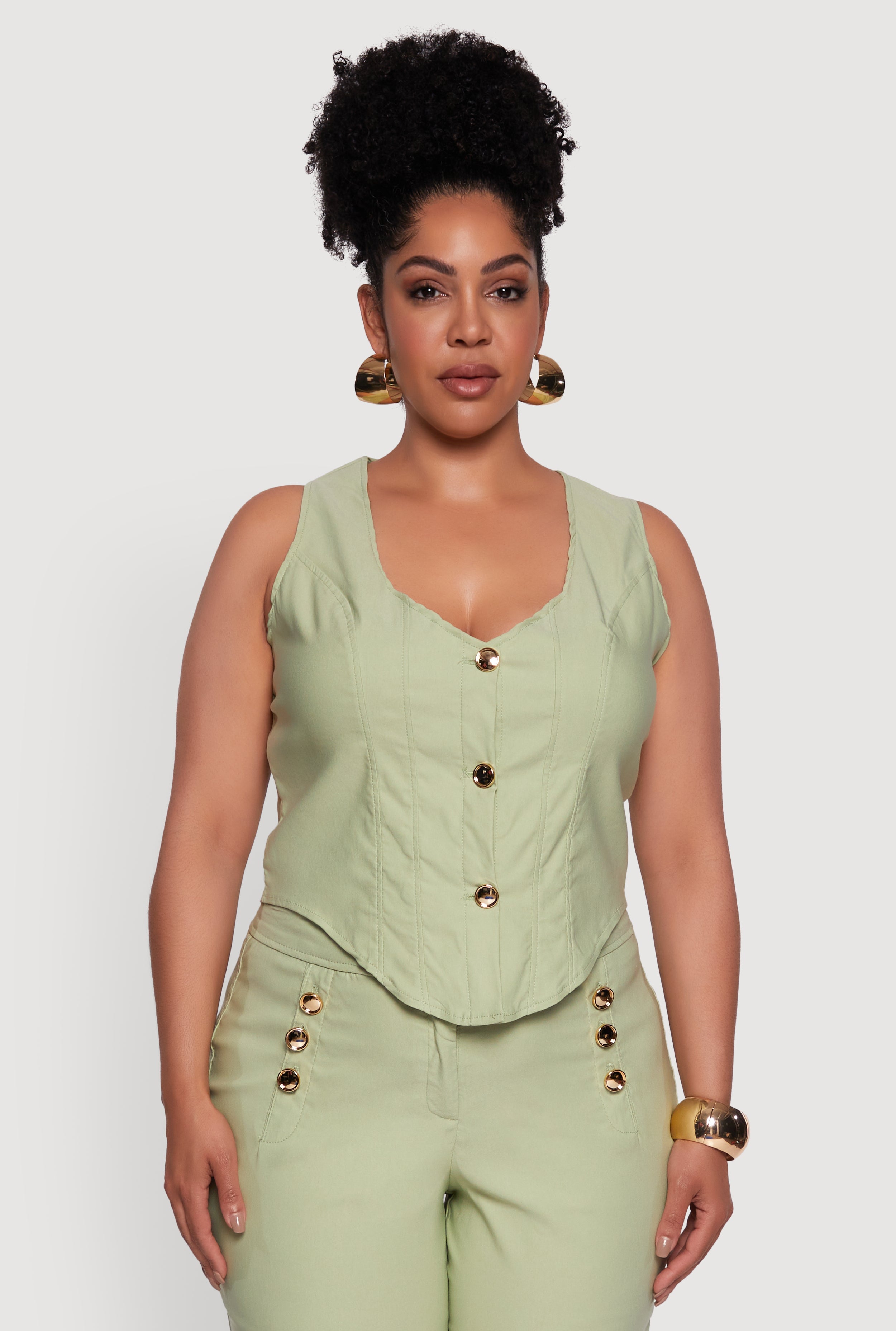 Plus Size Stretch Solid Button Front Vest
