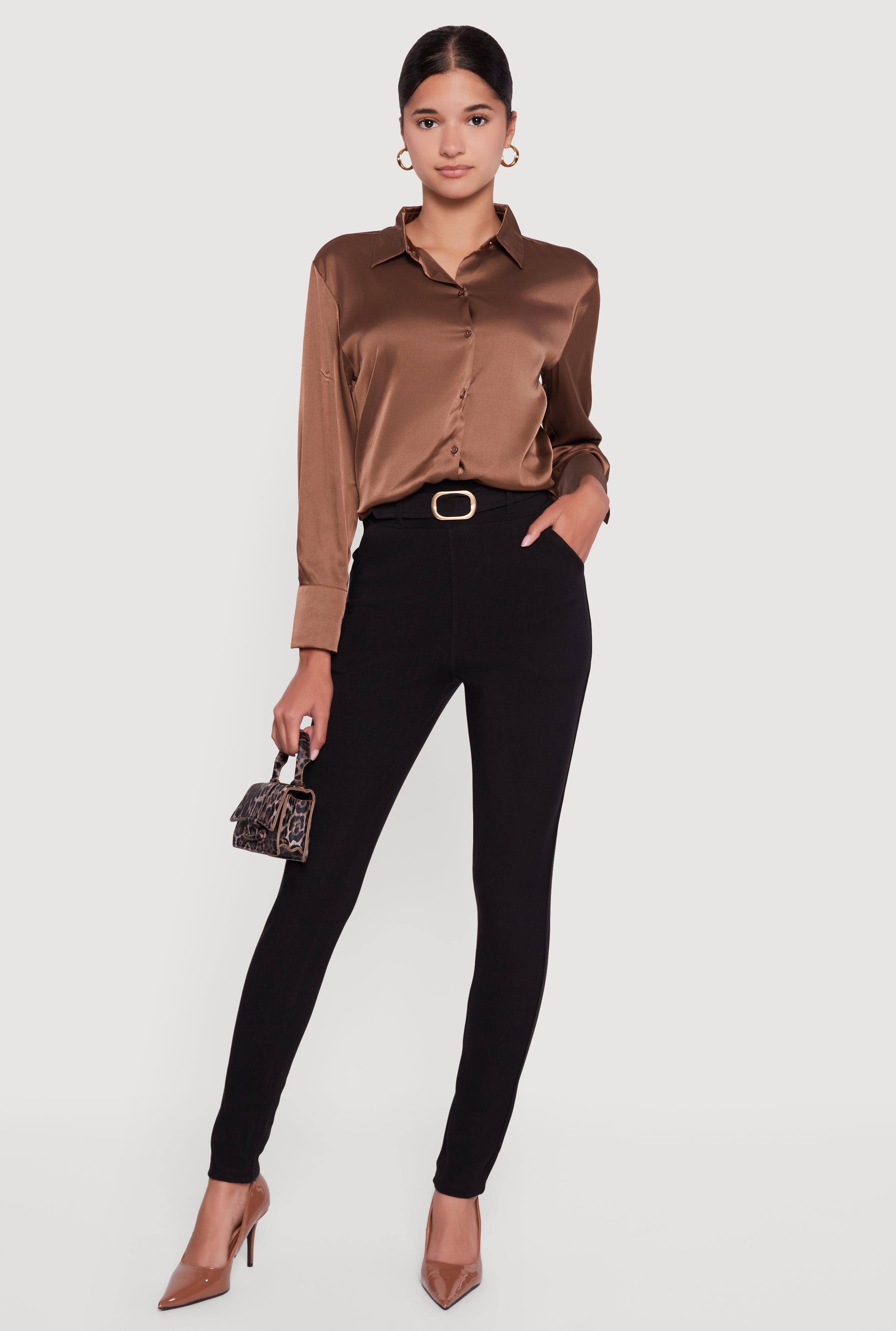 Satin Long Sleeve Button Front Shirt