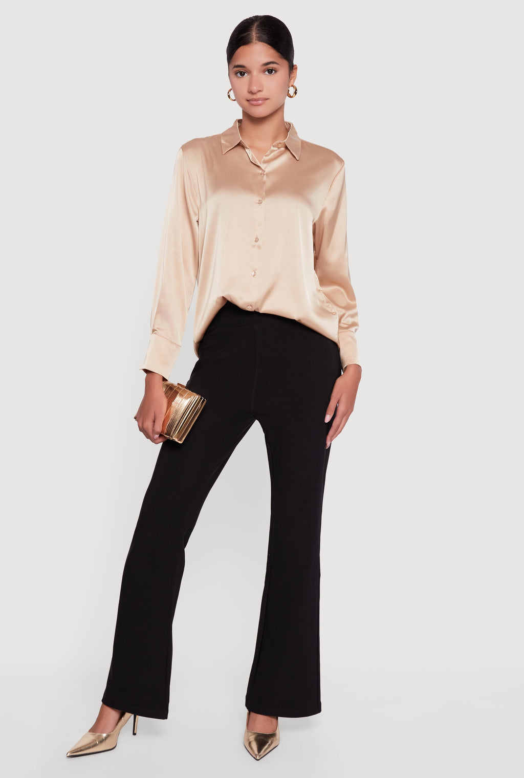 Satin Long Sleeve Button Front Shirt