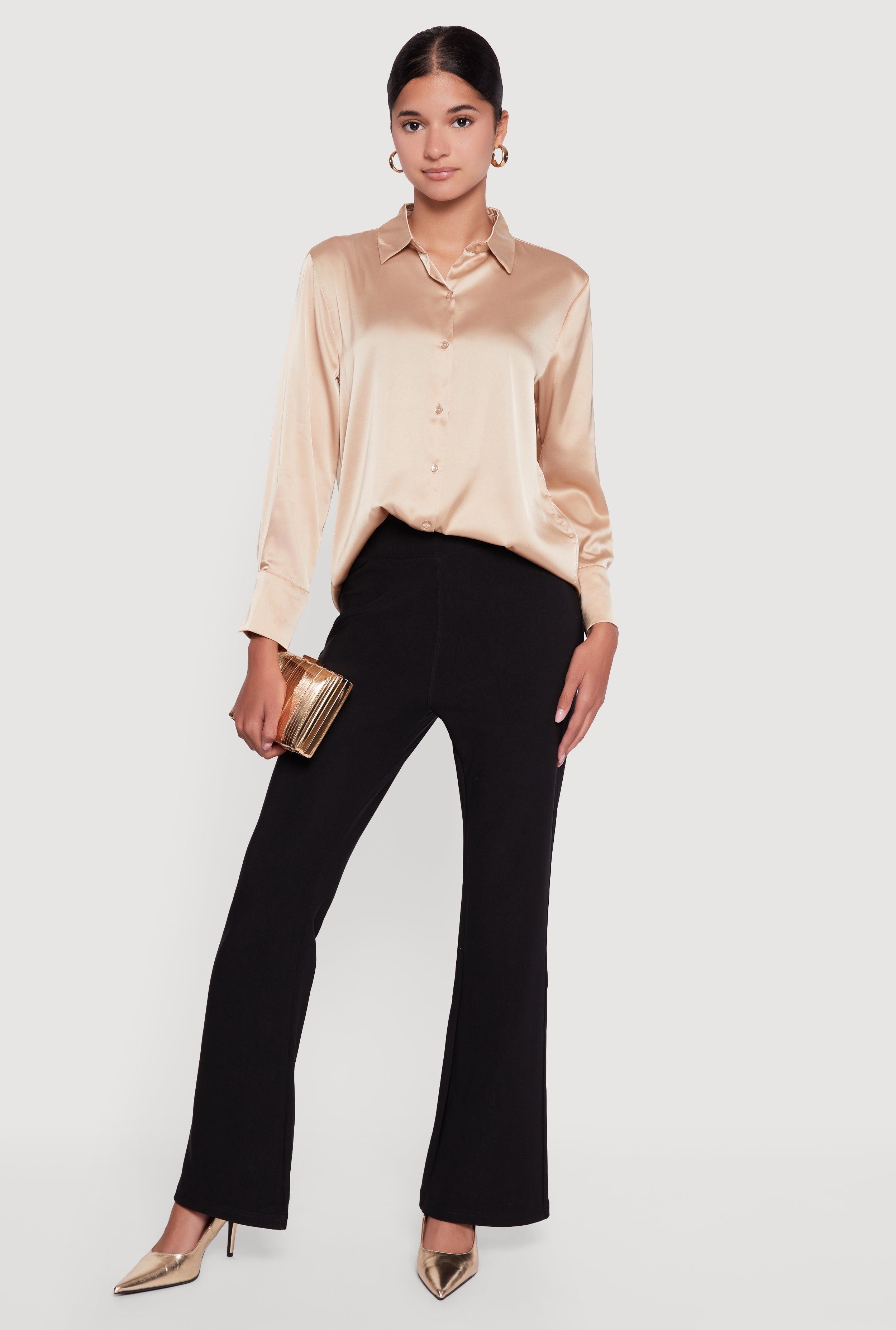 Satin Long Sleeve Button Front Shirt