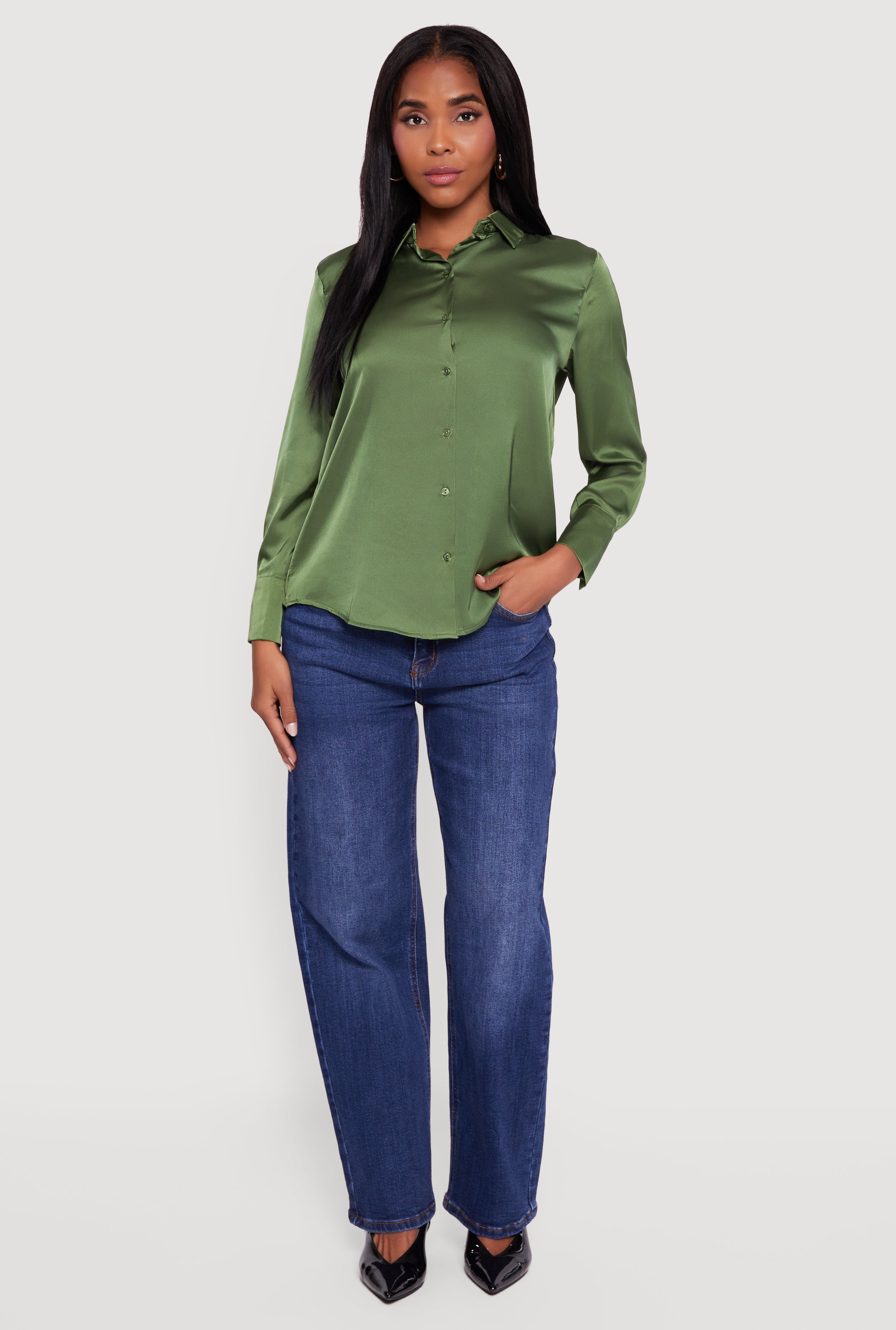 Satin Long Sleeve Button Front Shirt