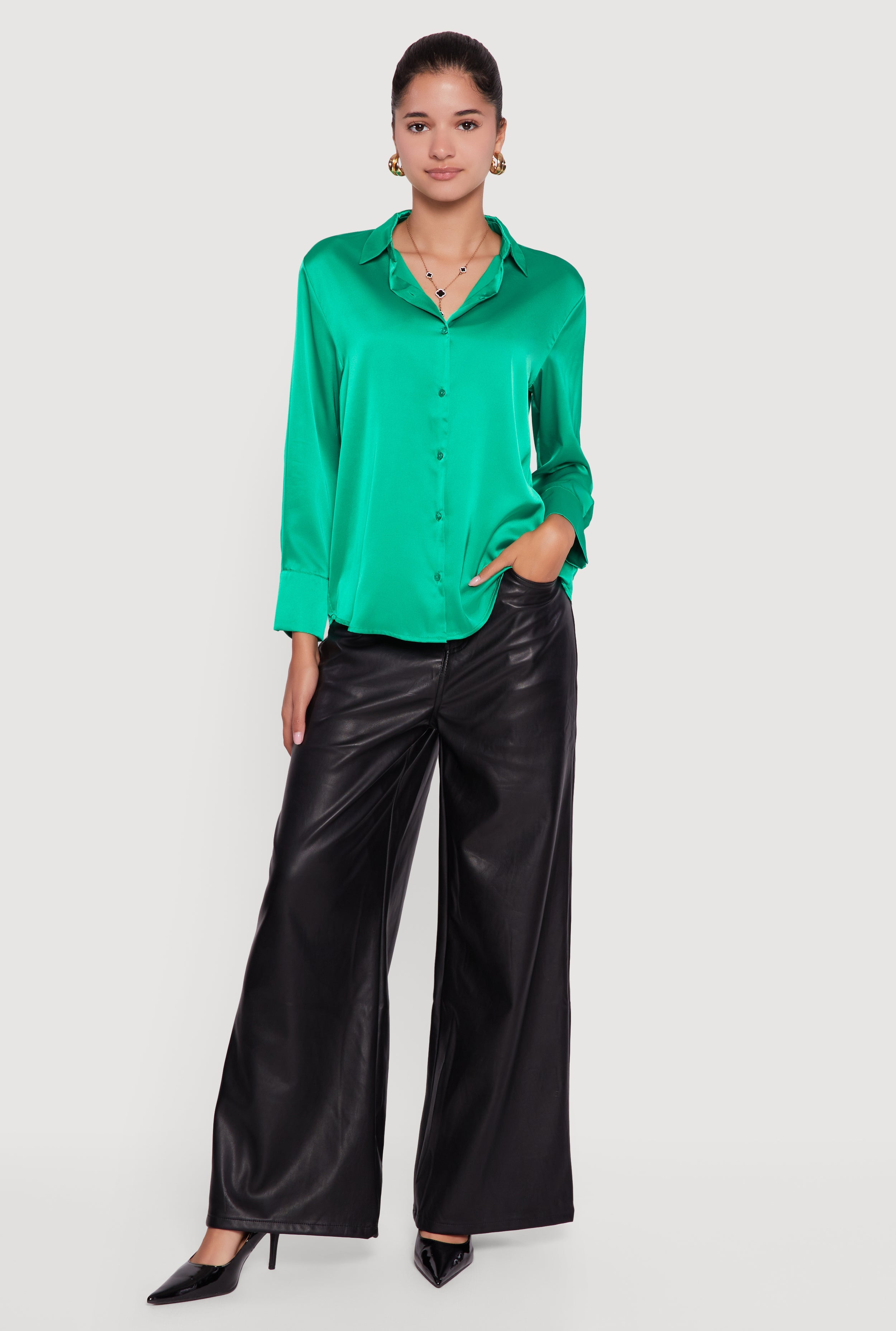 Satin Long Sleeve Button Front Shirt