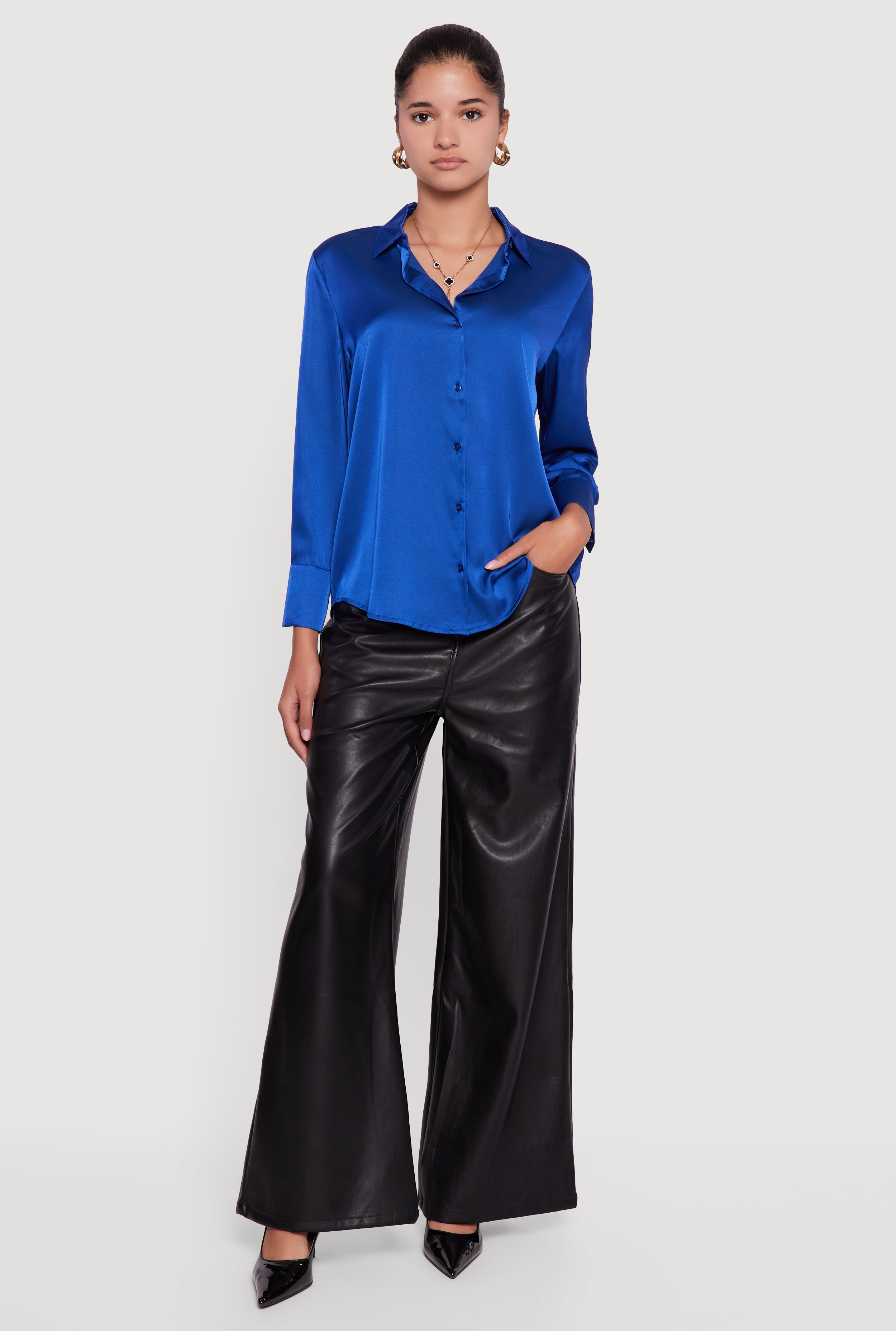 Satin Long Sleeve Button Front Shirt