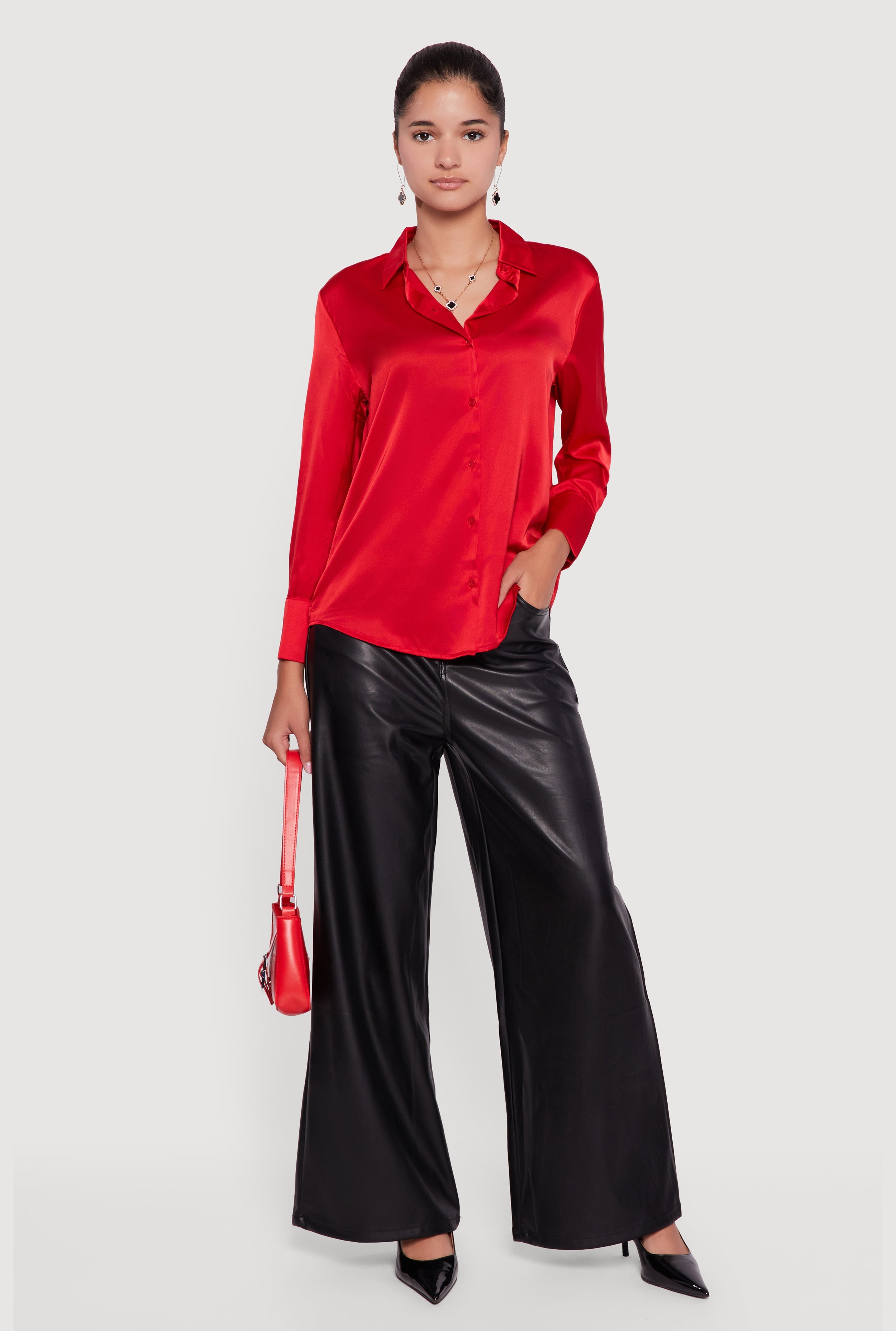 Satin Long Sleeve Button Front Shirt