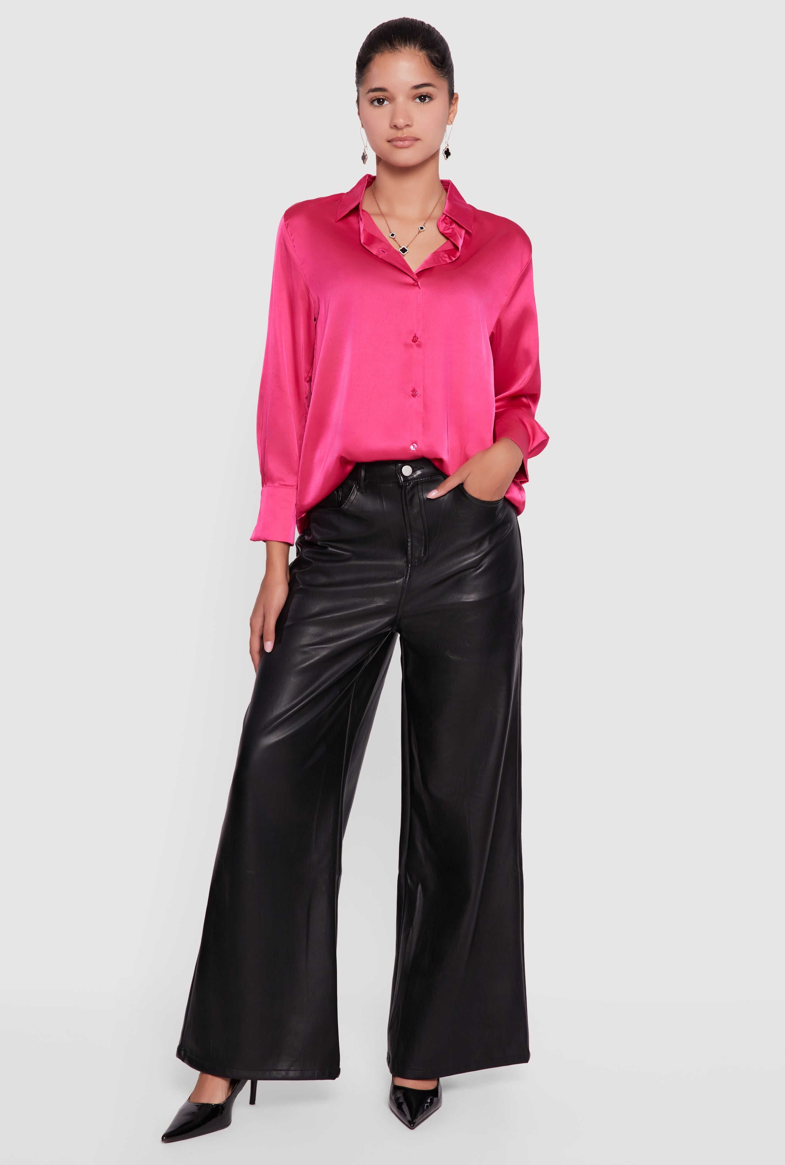 Satin Long Sleeve Button Front Shirt