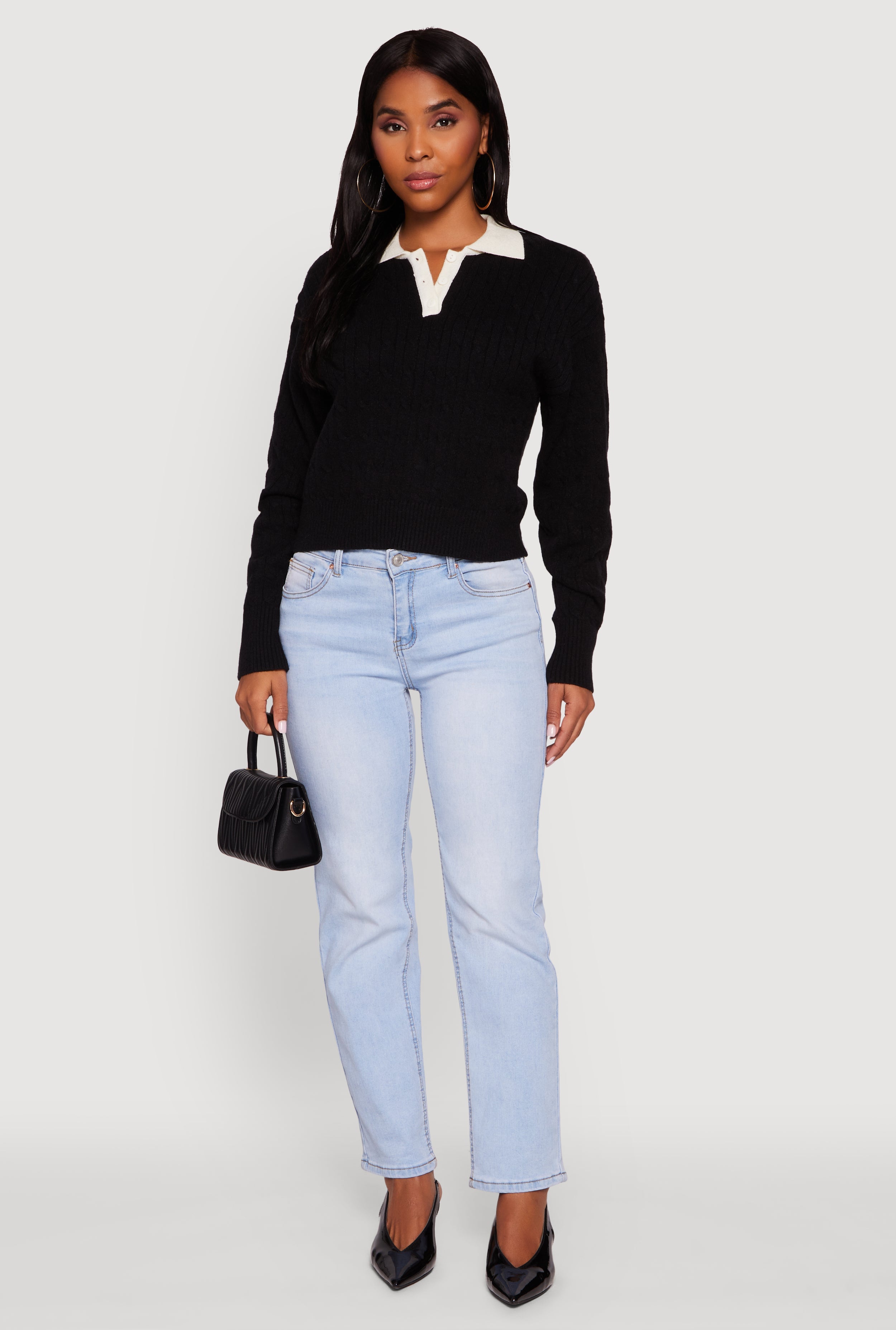 Cable Knit Polo Sweater with Contrast Trim