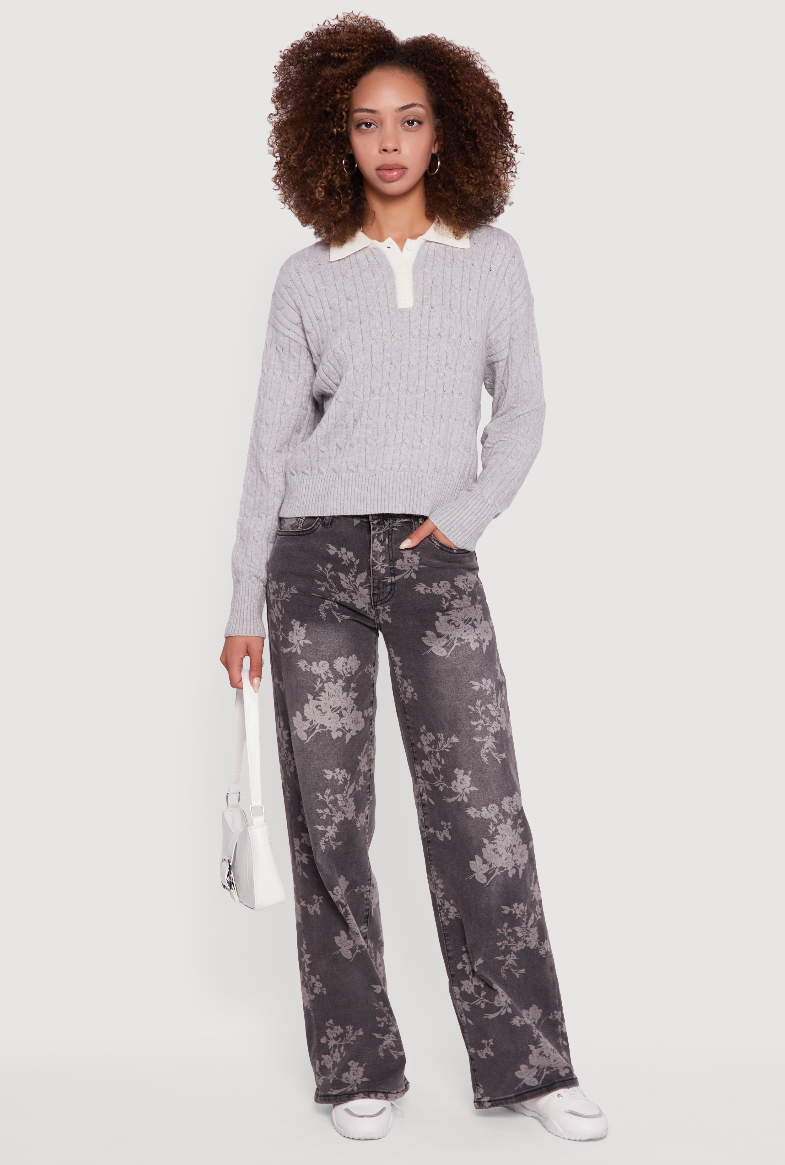 Cable Knit Polo Sweater with Contrast Trim