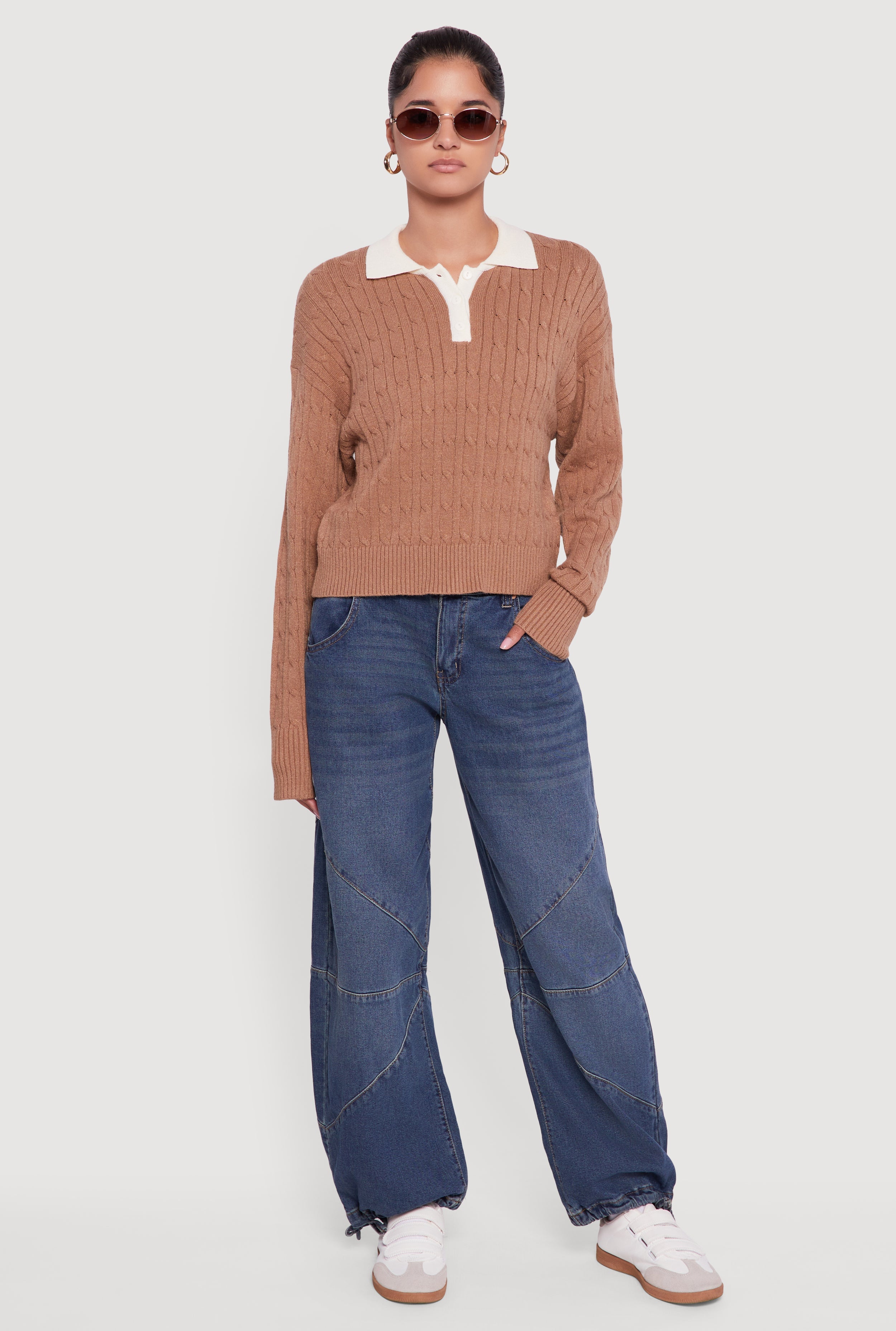 Cable Knit Polo Sweater with Contrast Trim