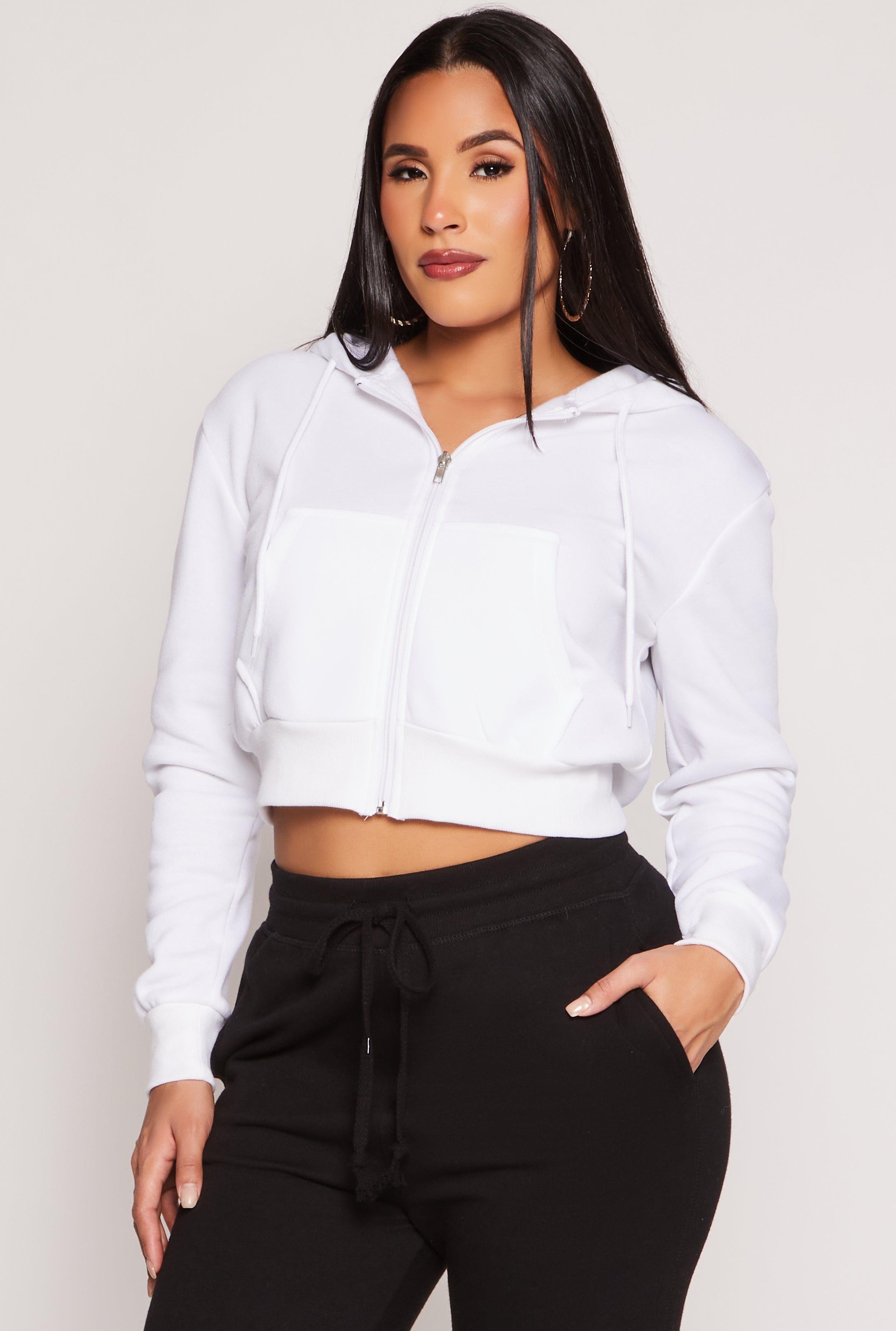 Fleece Zip Front Cropped Hoodie