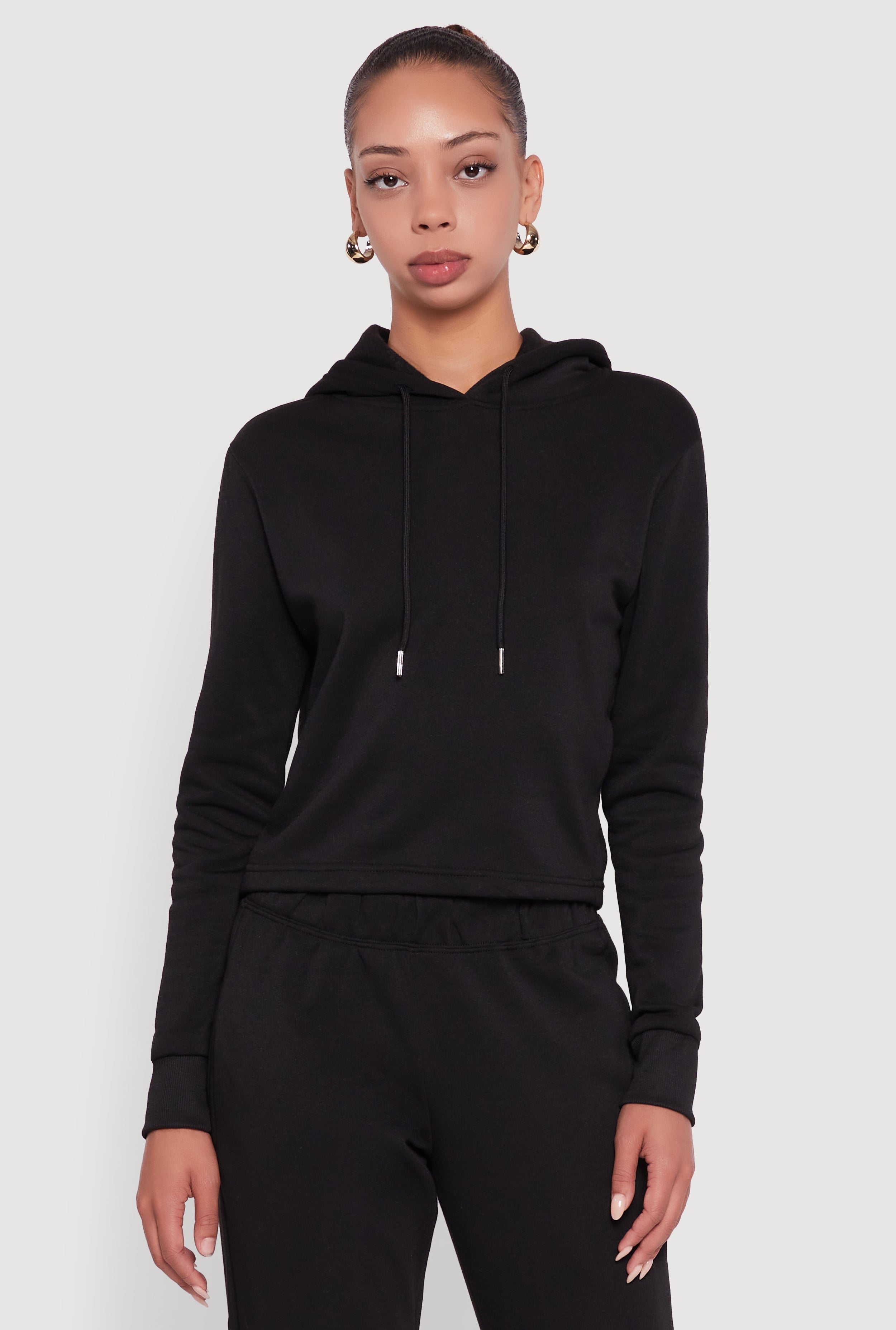 Fleece Lined Cropped  Pullover Hooded Sweatshirt