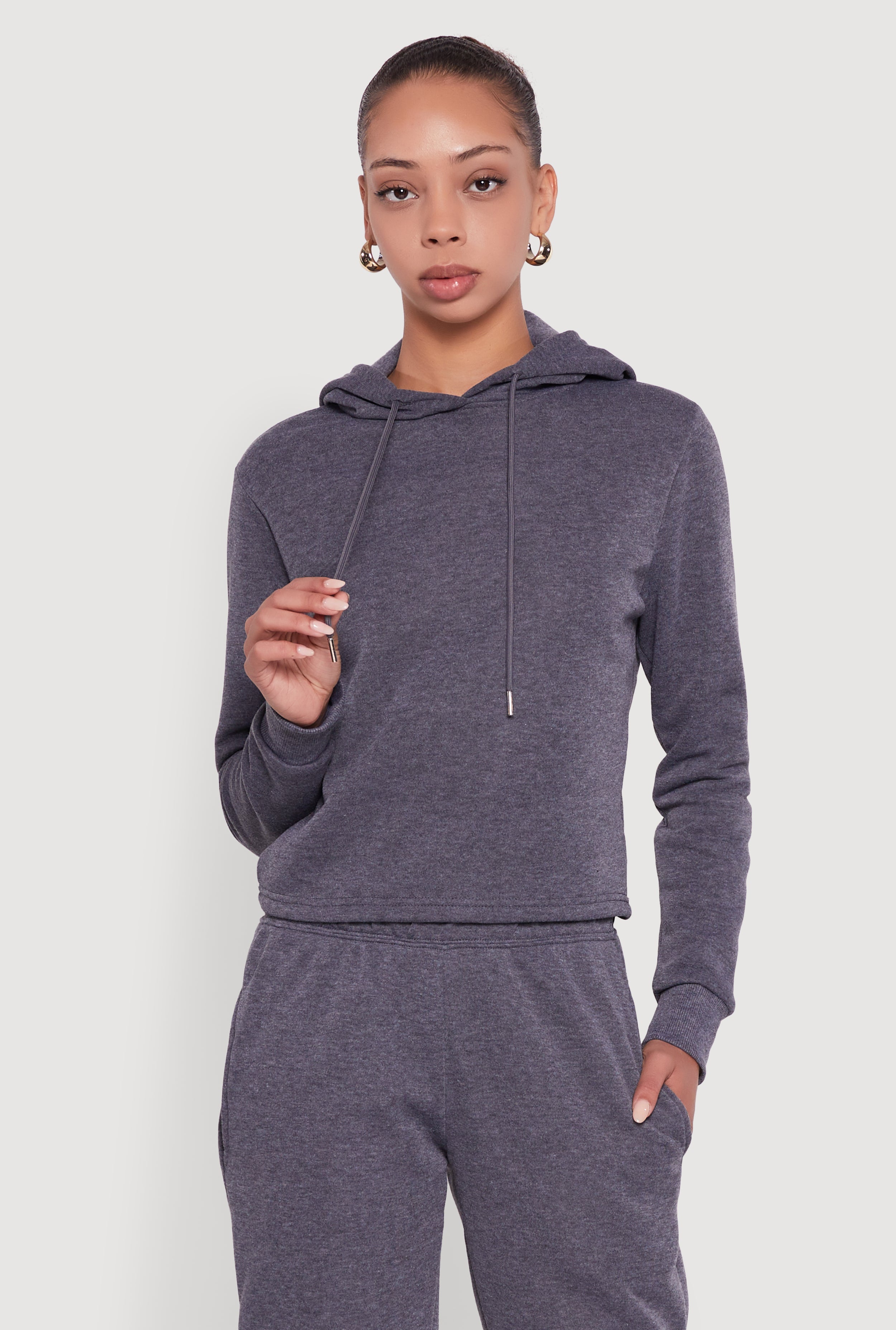 Fleece Lined Cropped  Pullover Hooded Sweatshirt