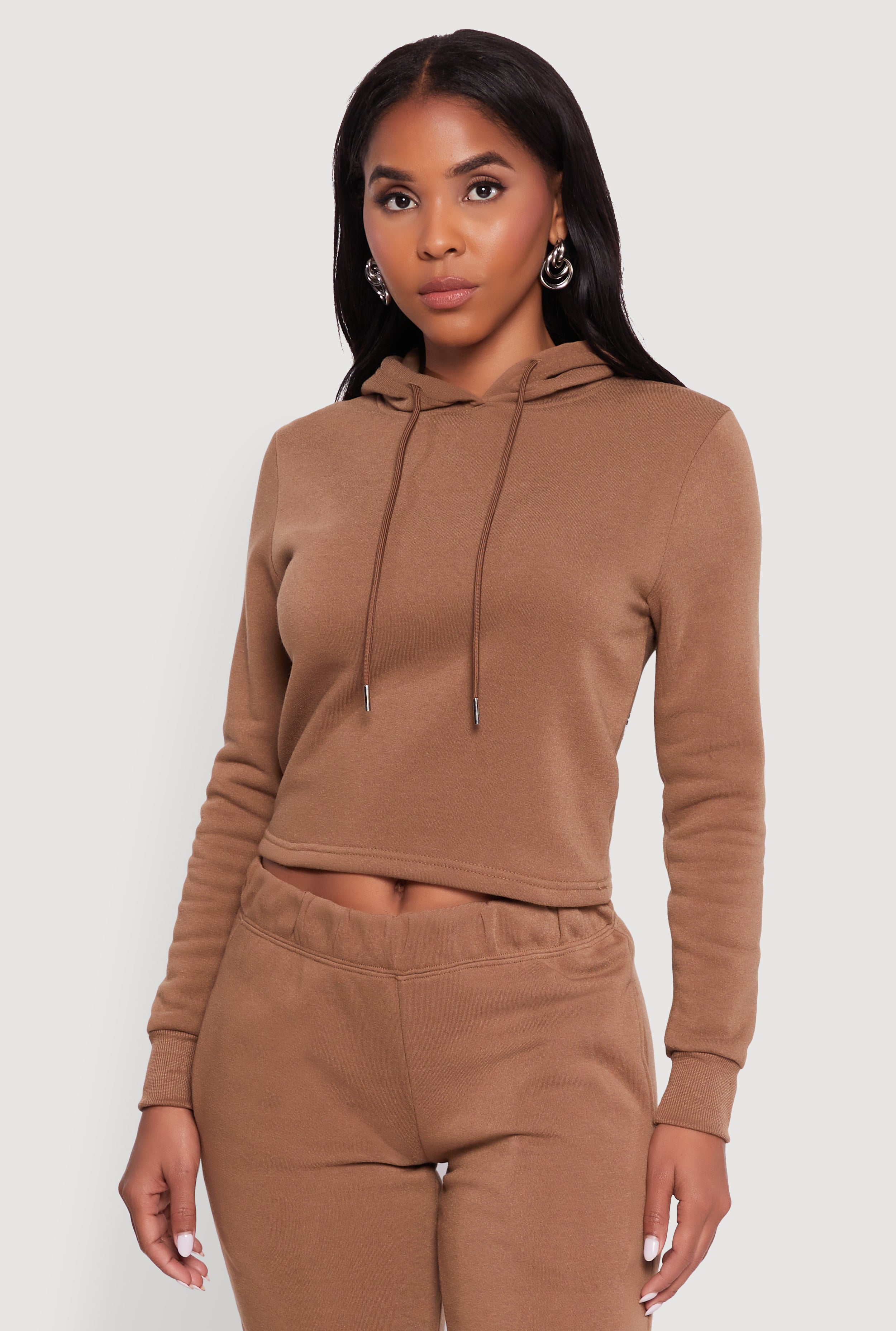 Fleece Lined Cropped  Pullover Hooded Sweatshirt
