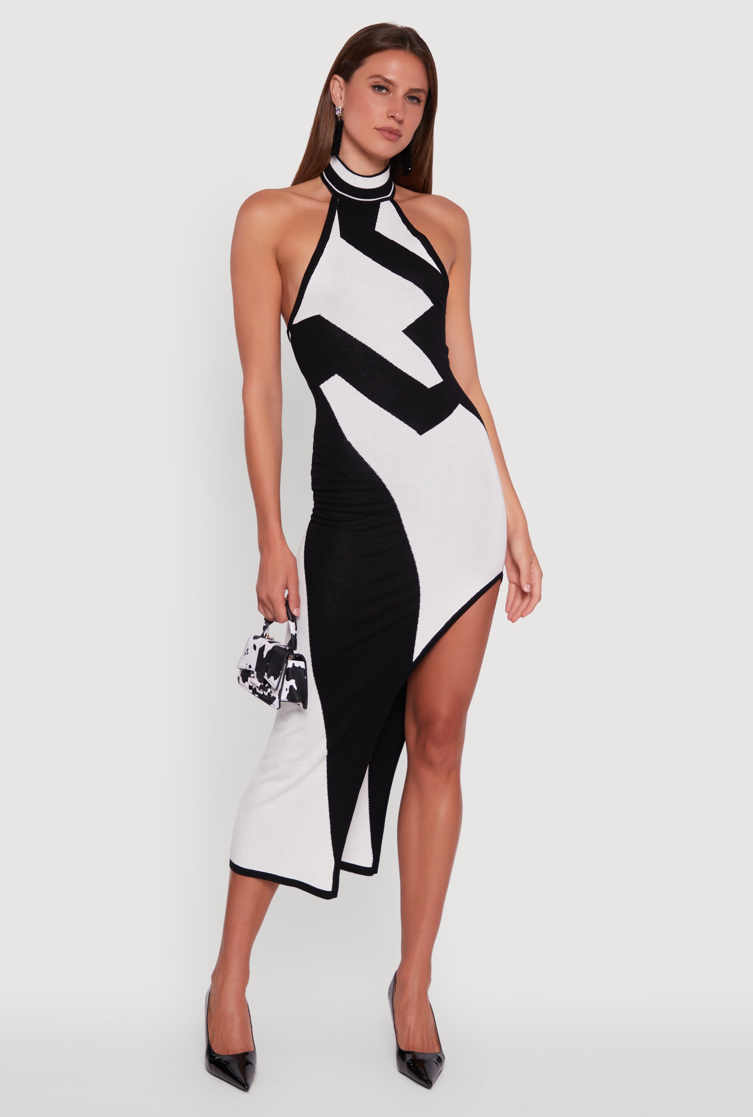 Abstract Printed Side Slit Halter Midi Dress