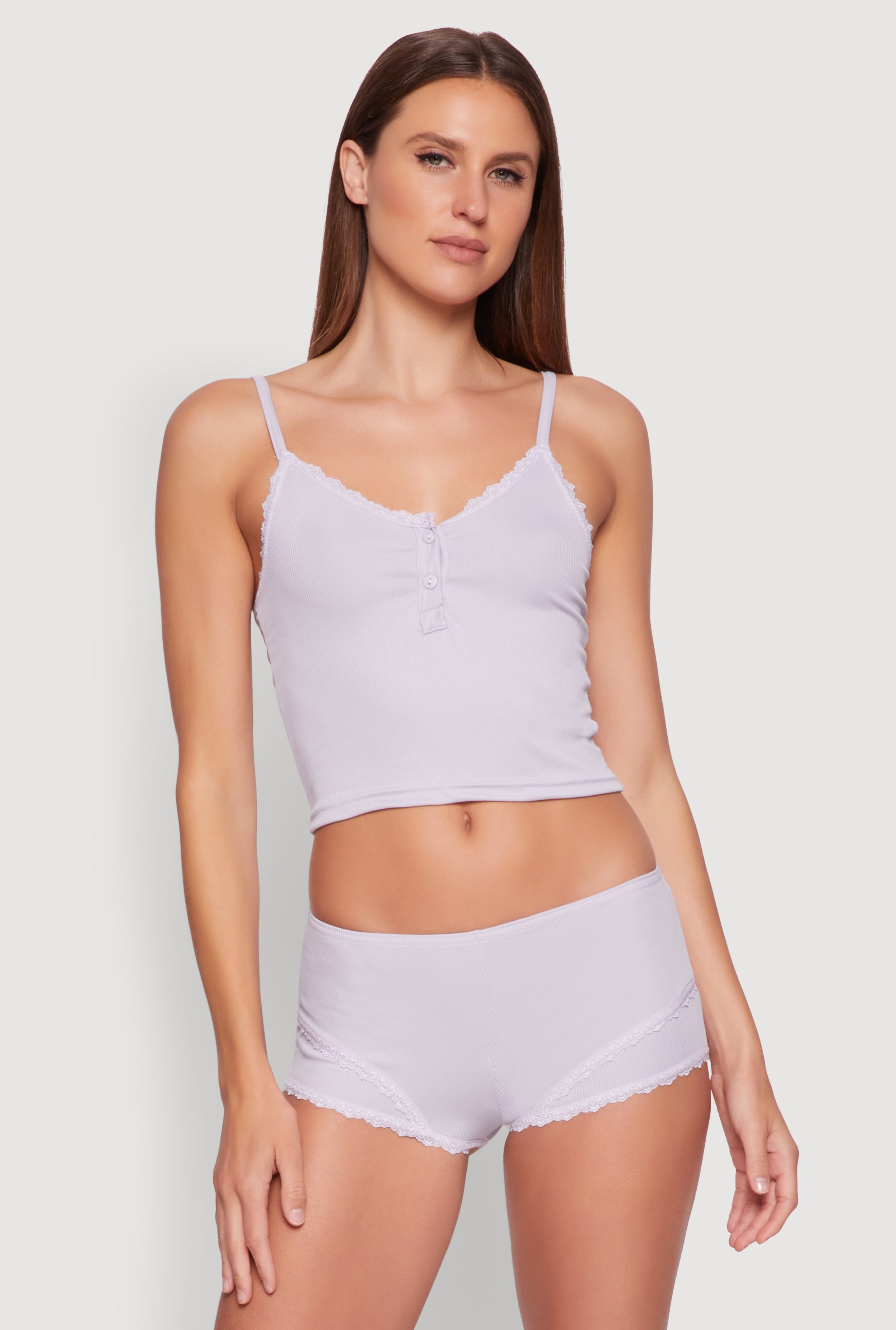 Lace Trim Henley Pajama Cami and Shorts Set