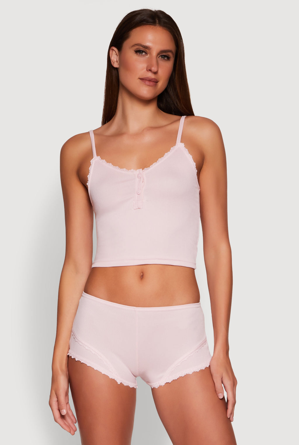 Lace Trim Henley Pajama Cami and Shorts Set
