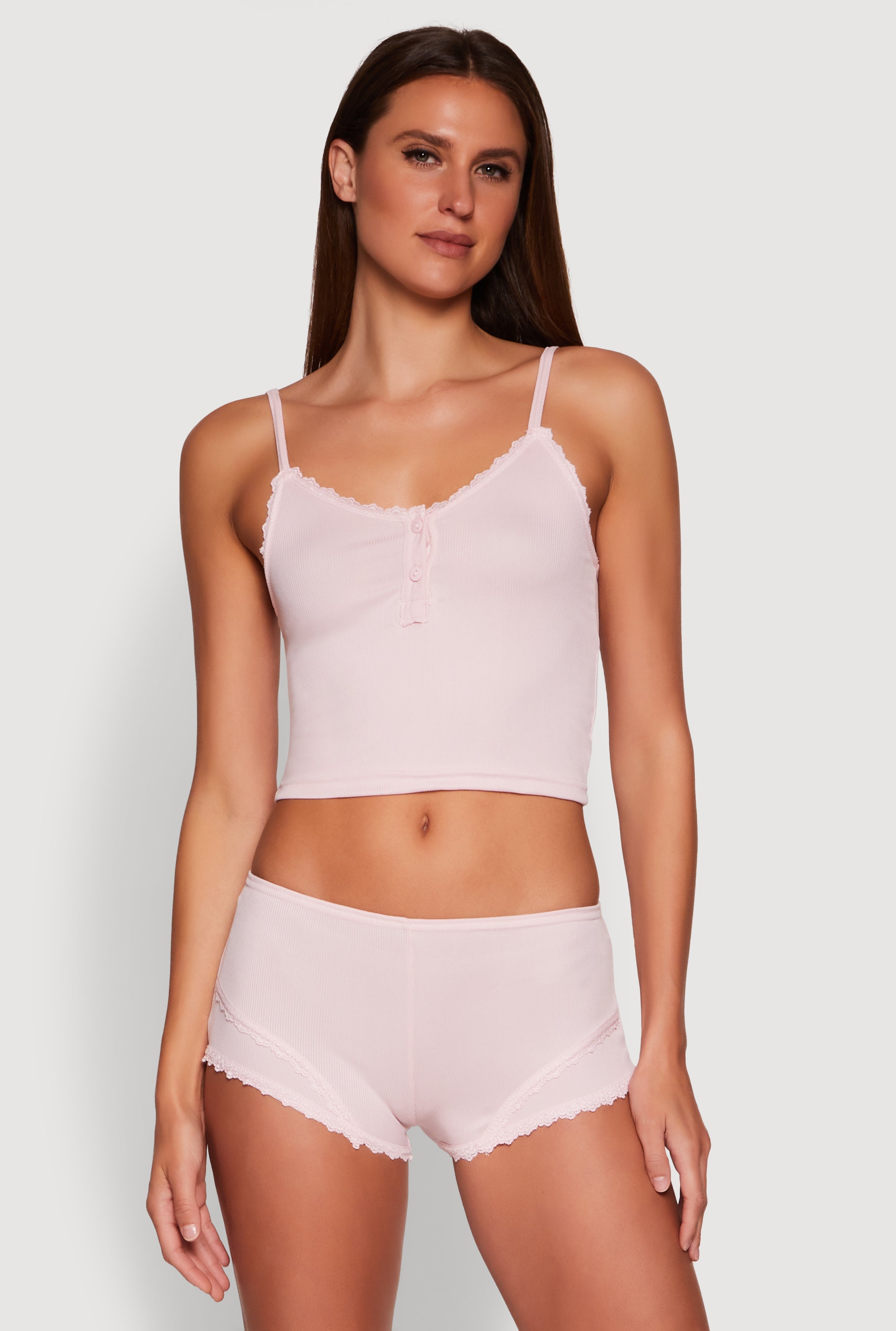 Lace Trim Henley Pajama Cami and Shorts Set