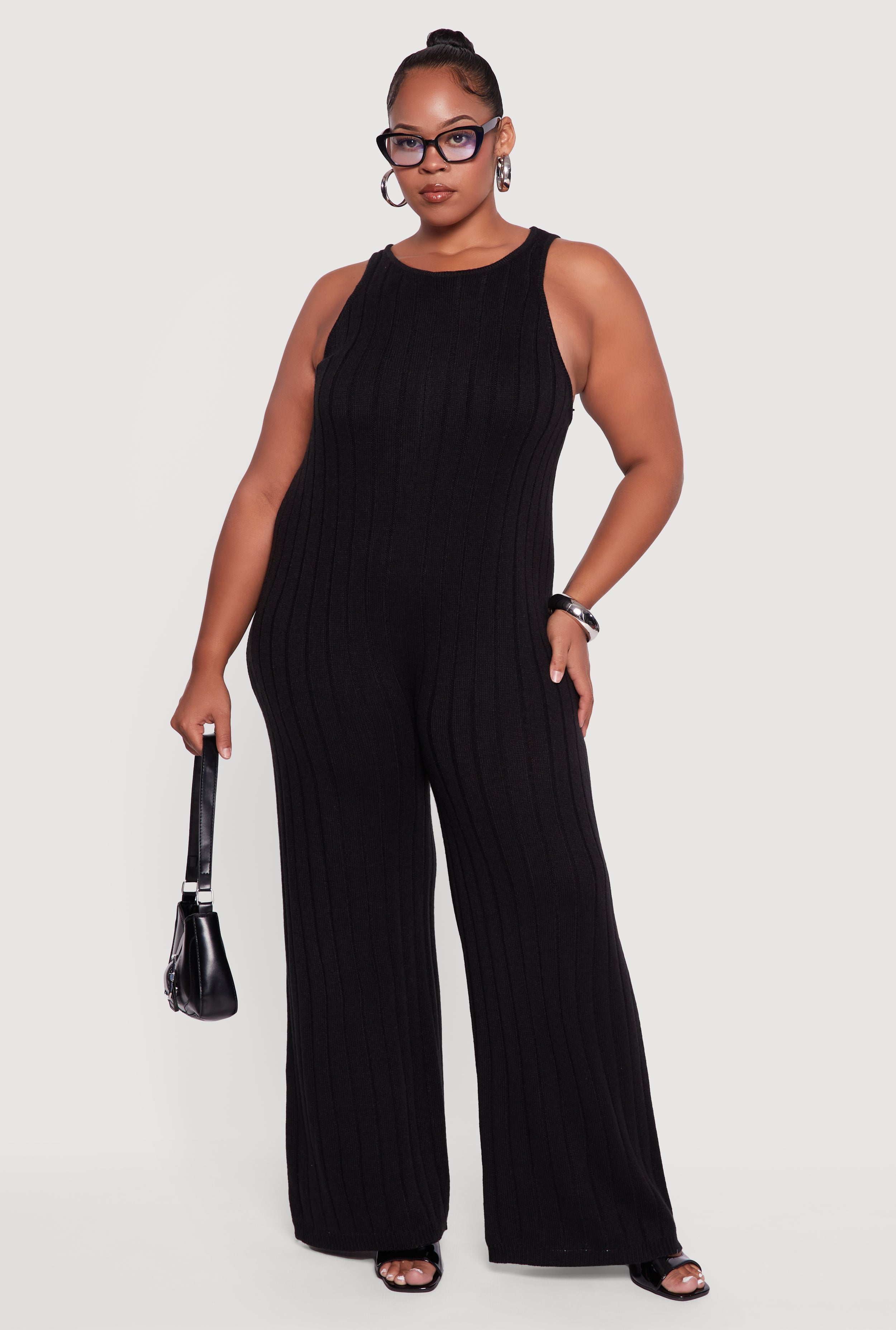 Plus Size Ribbed Knit Sleeveless Jumpsuit with Keyhole Back