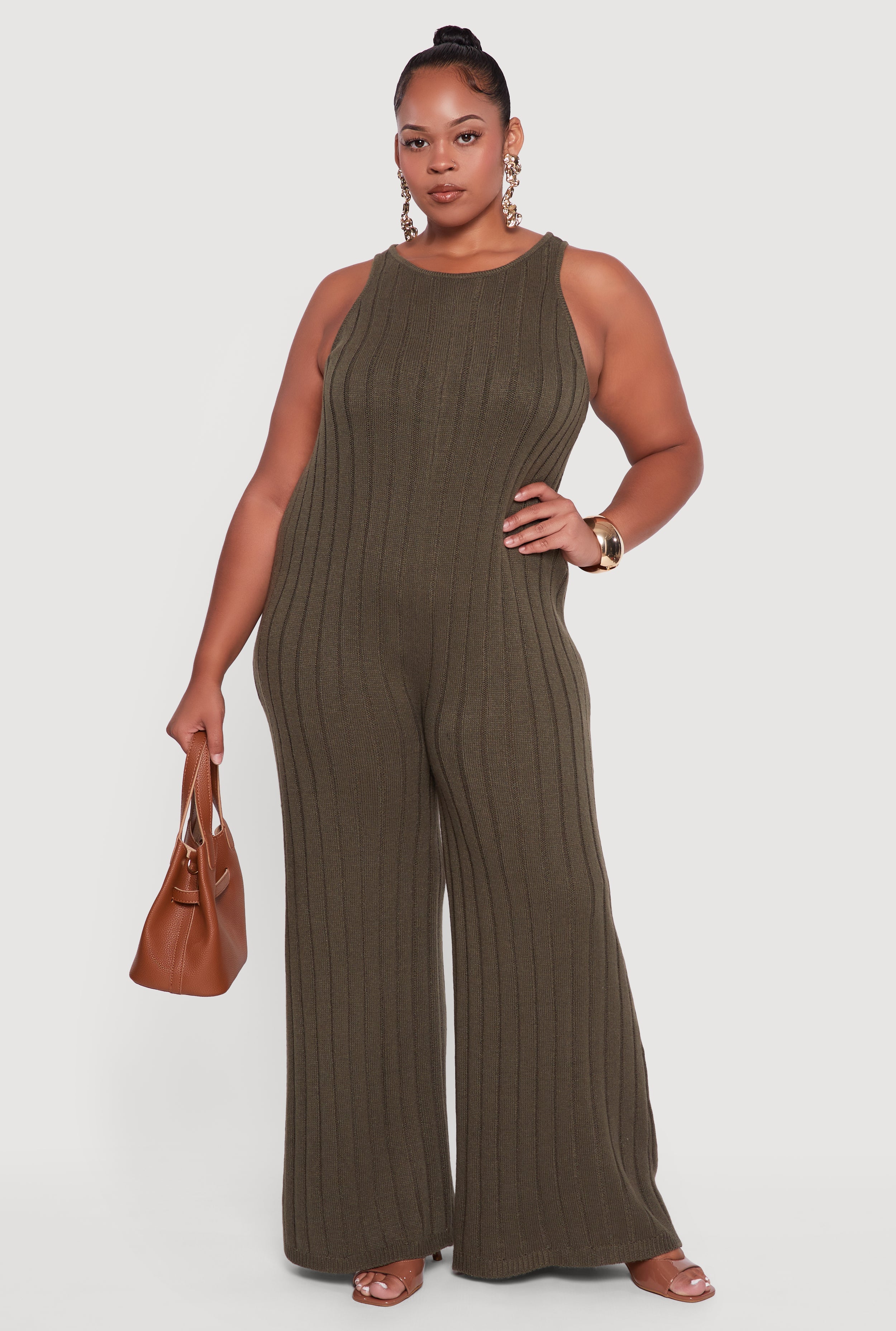 Plus Size Ribbed Knit Sleeveless Jumpsuit with Keyhole Back