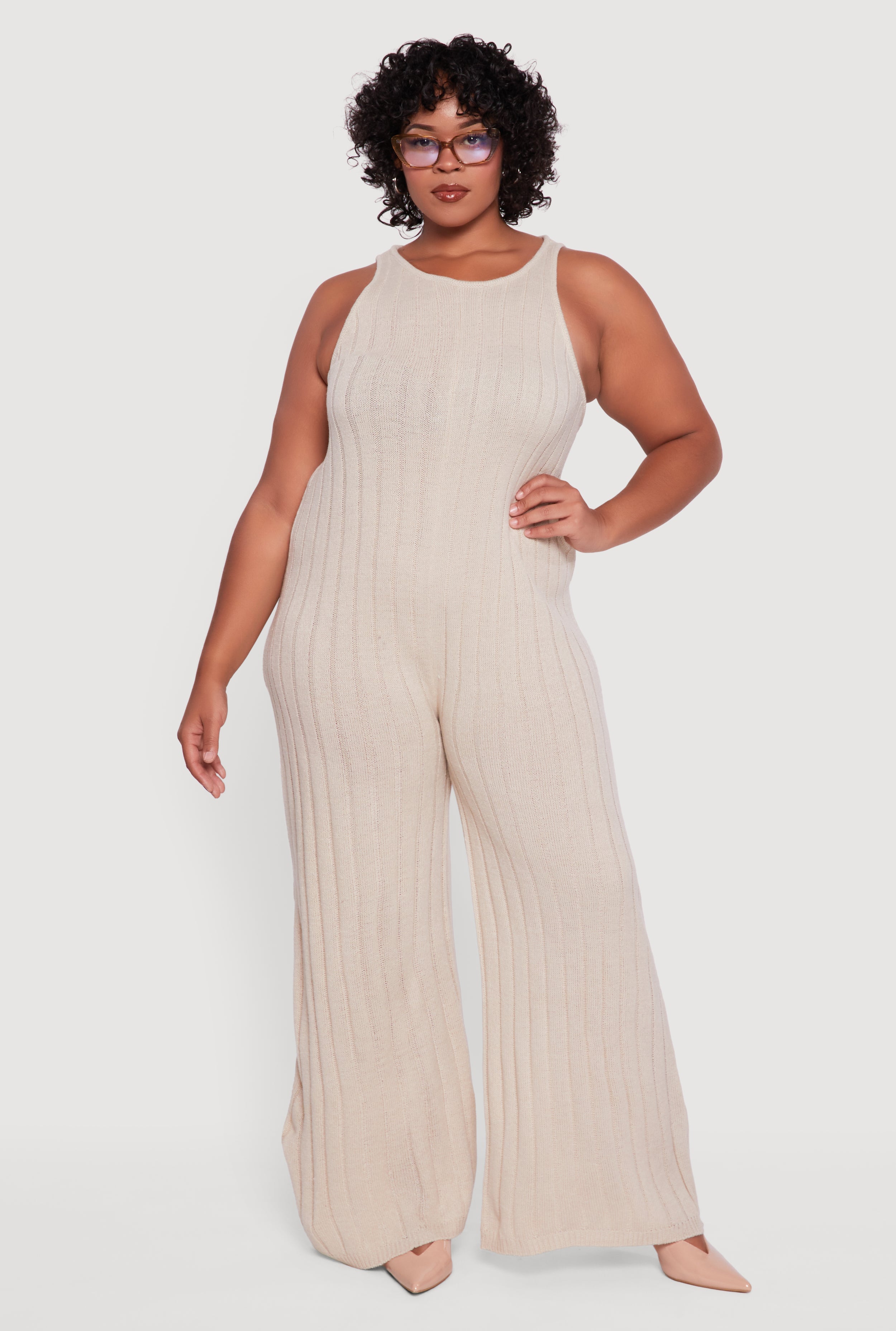 Plus Size Ribbed Knit Sleeveless Jumpsuit with Keyhole Back