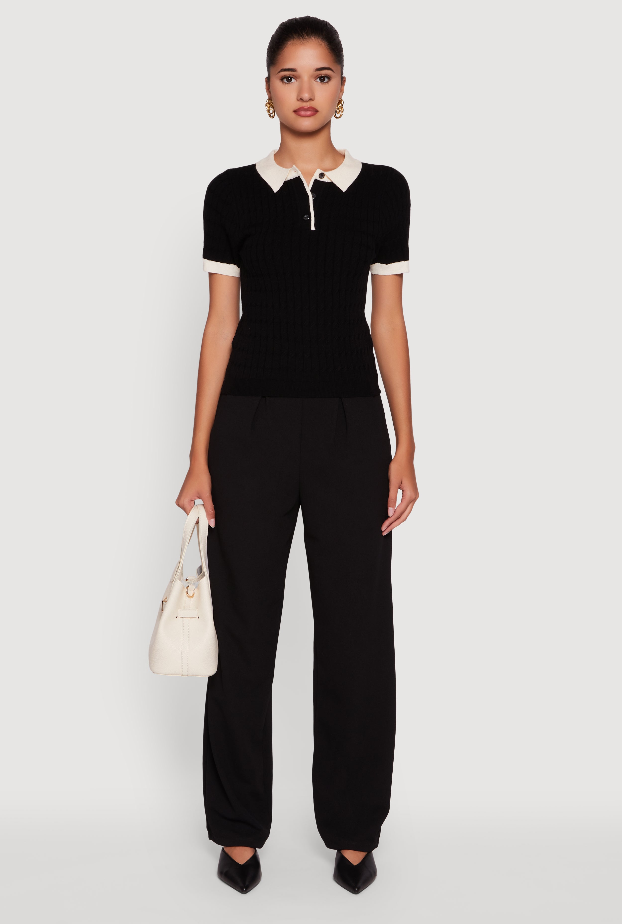 Contrast Trim Cable Knit Sweater Polo