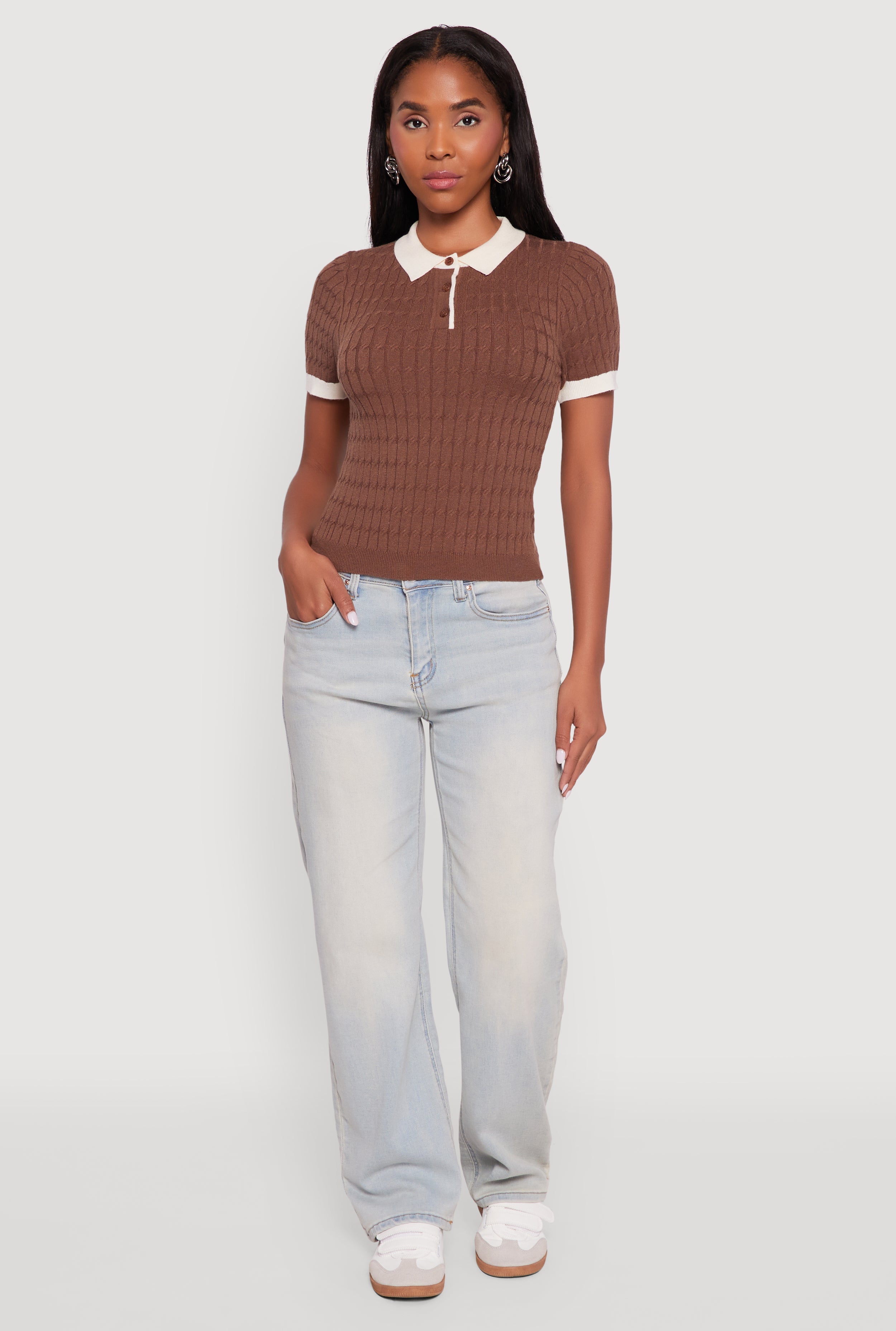 Contrast Trim Cable Knit Sweater Polo