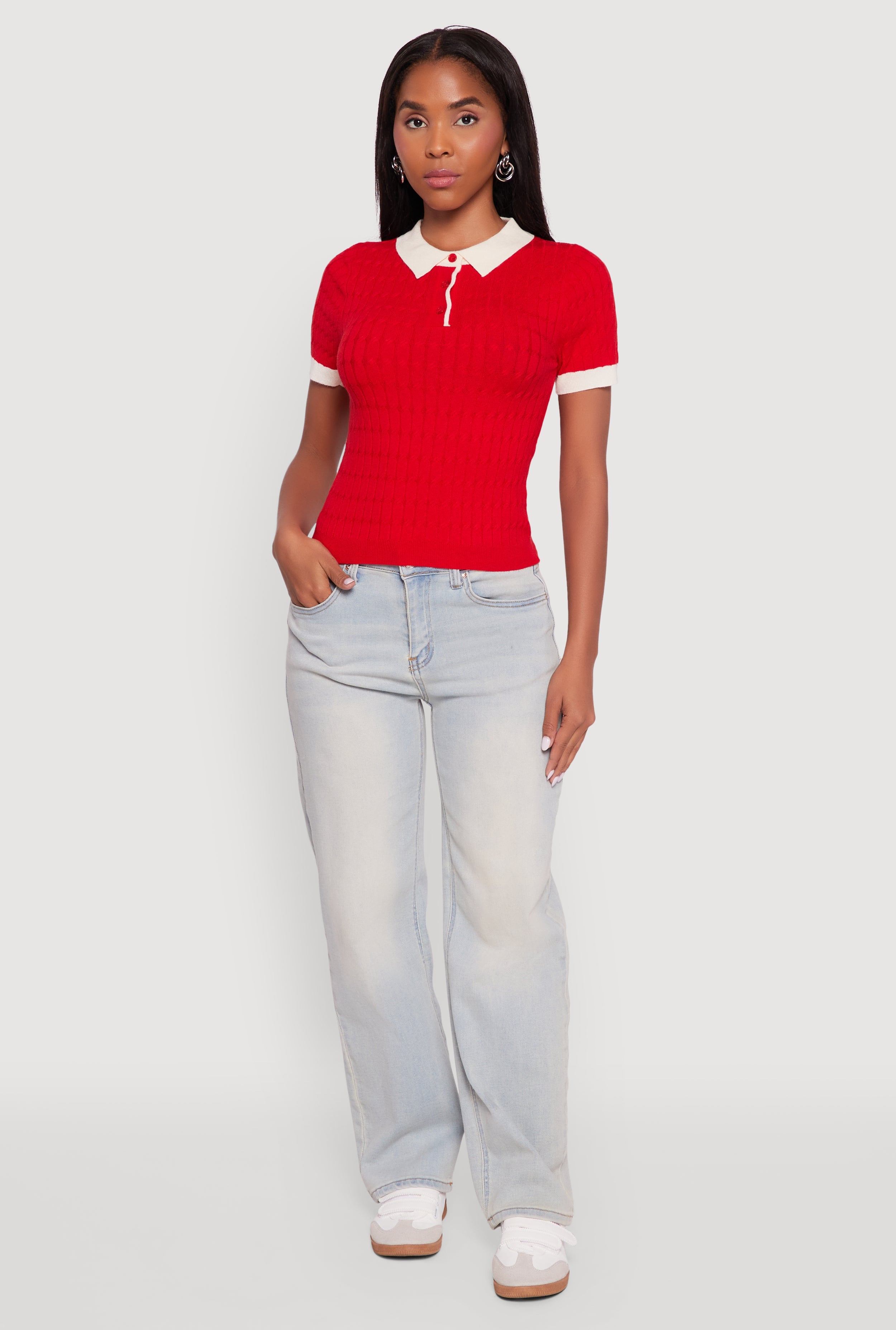 Contrast Trim Cable Knit Sweater Polo