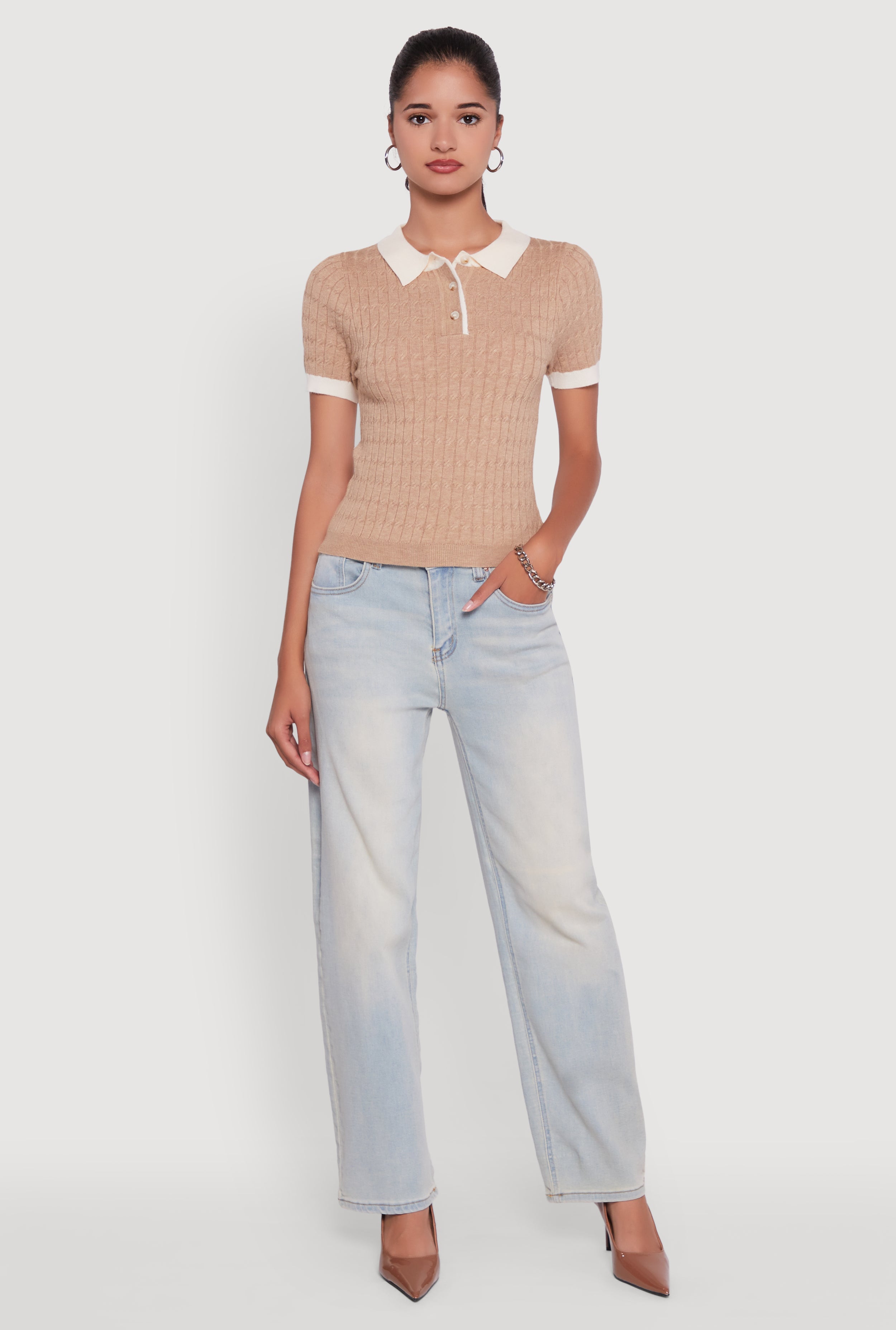 Contrast Trim Cable Knit Sweater Polo