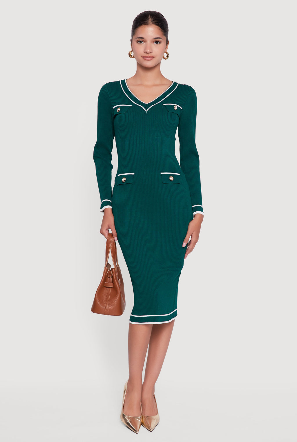 Contrast Trim Pocket Detail Long Sleeve Sweater Dress