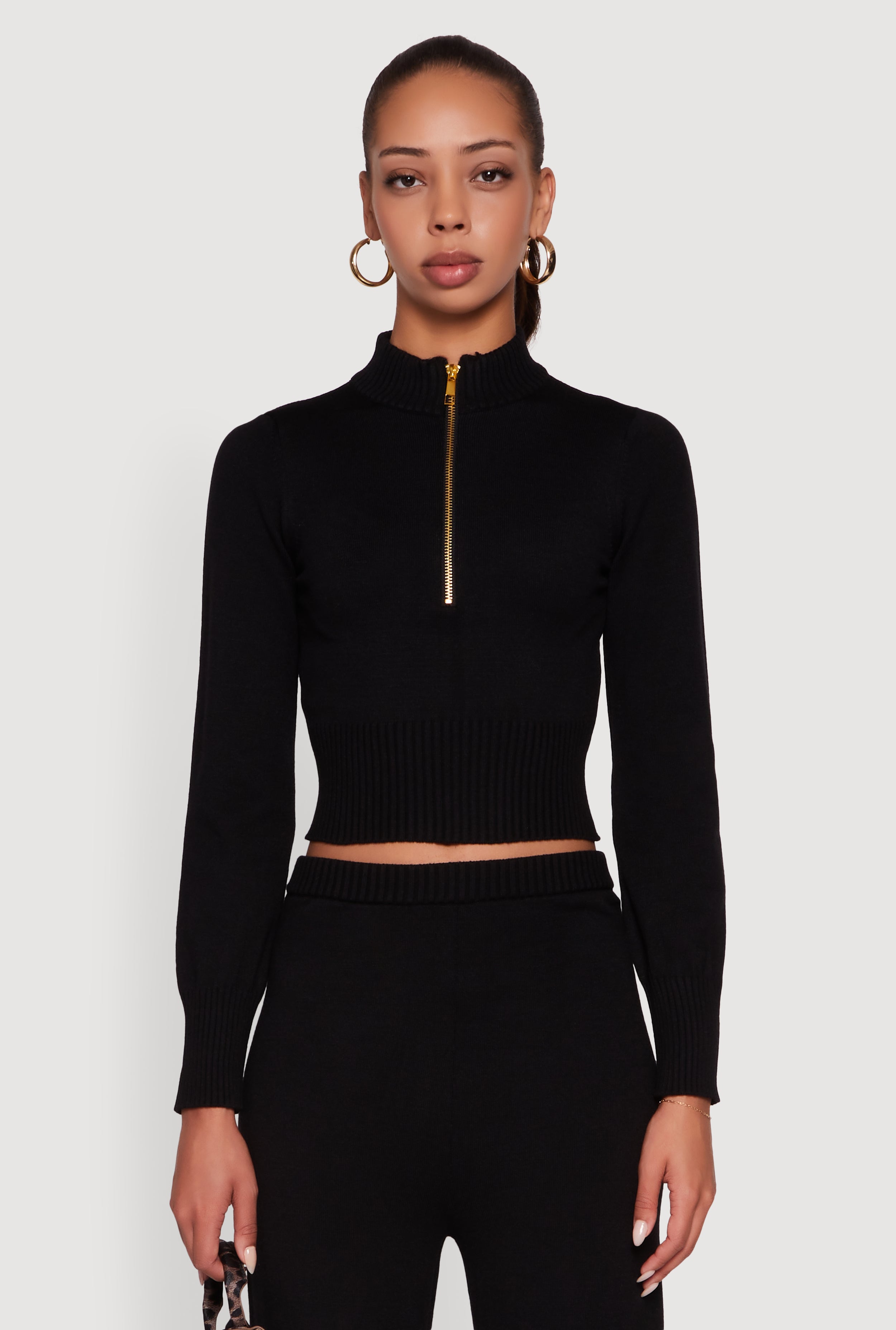 Mock Neck Half Zip Long Sleeve Cropped Sweater