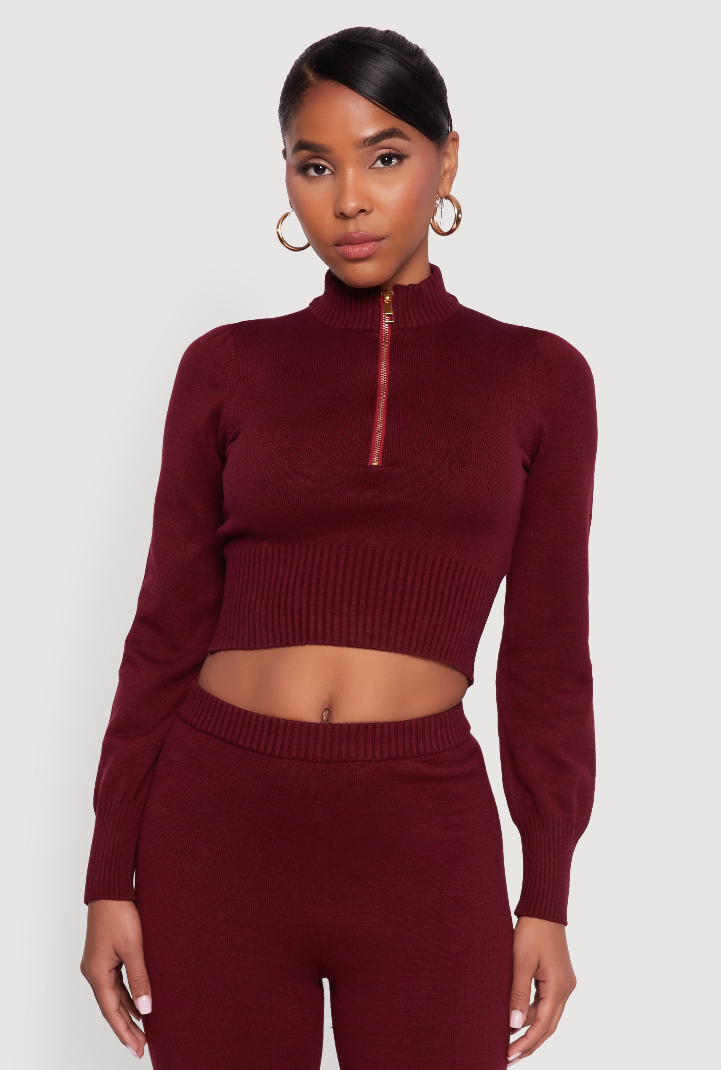 Mock Neck Half Zip Long Sleeve Cropped Sweater