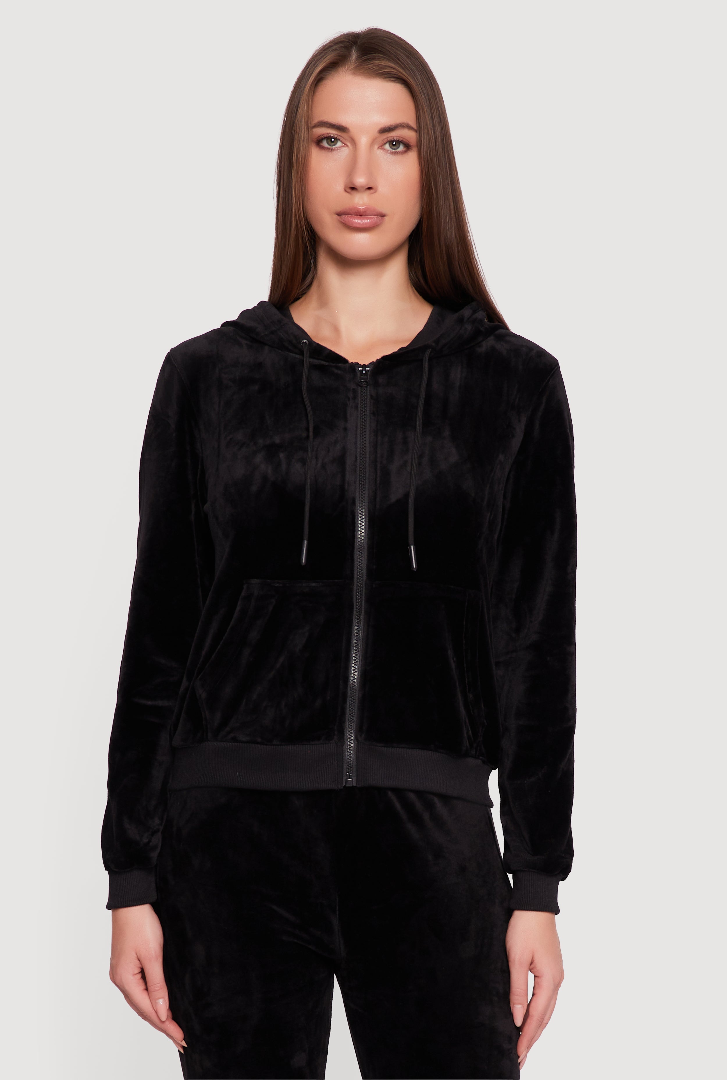 Velour Zip Front Drawstring Hoodie